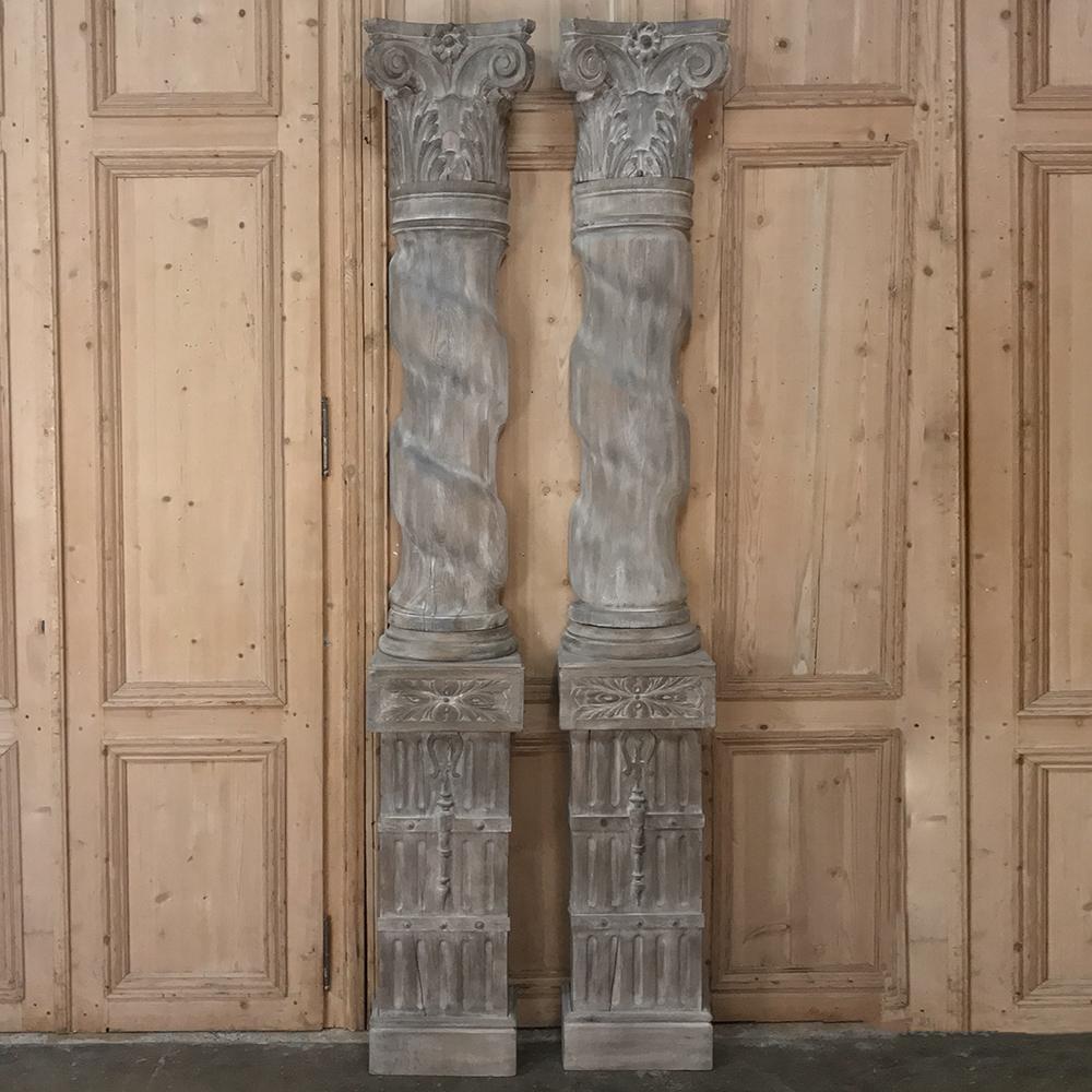 French Pair of Architectural Corinthian Weathered Oak Hand Carved Columns, circa 1890