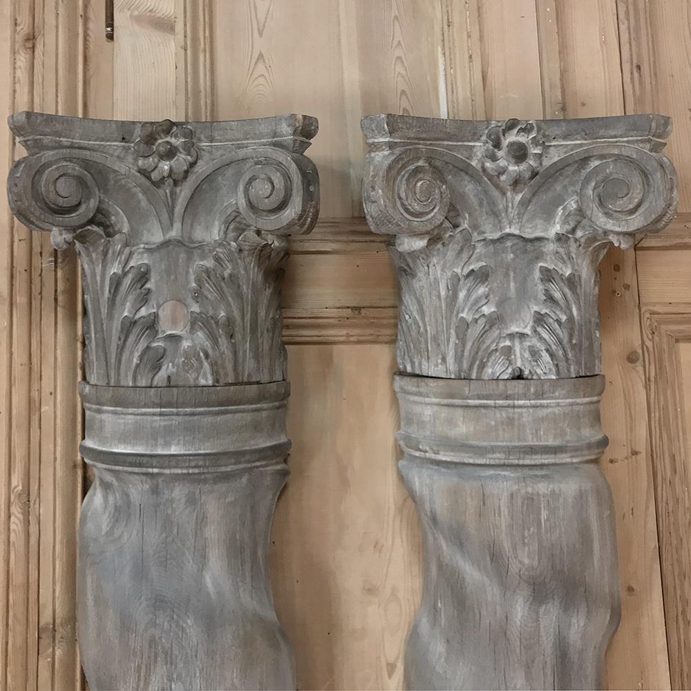 Hand-Carved Pair of Architectural Corinthian Weathered Oak Hand Carved Columns, circa 1890