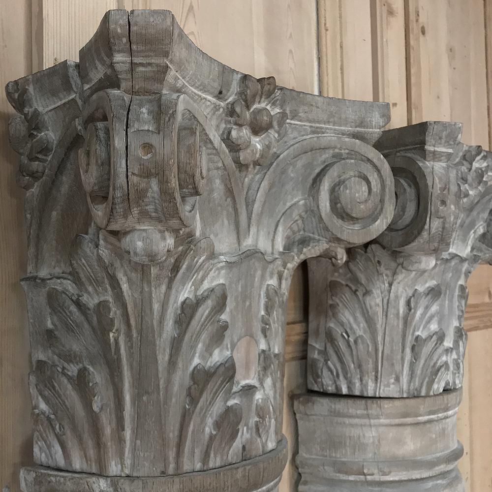 Pair of Architectural Corinthian Weathered Oak Hand Carved Columns, circa 1890 2