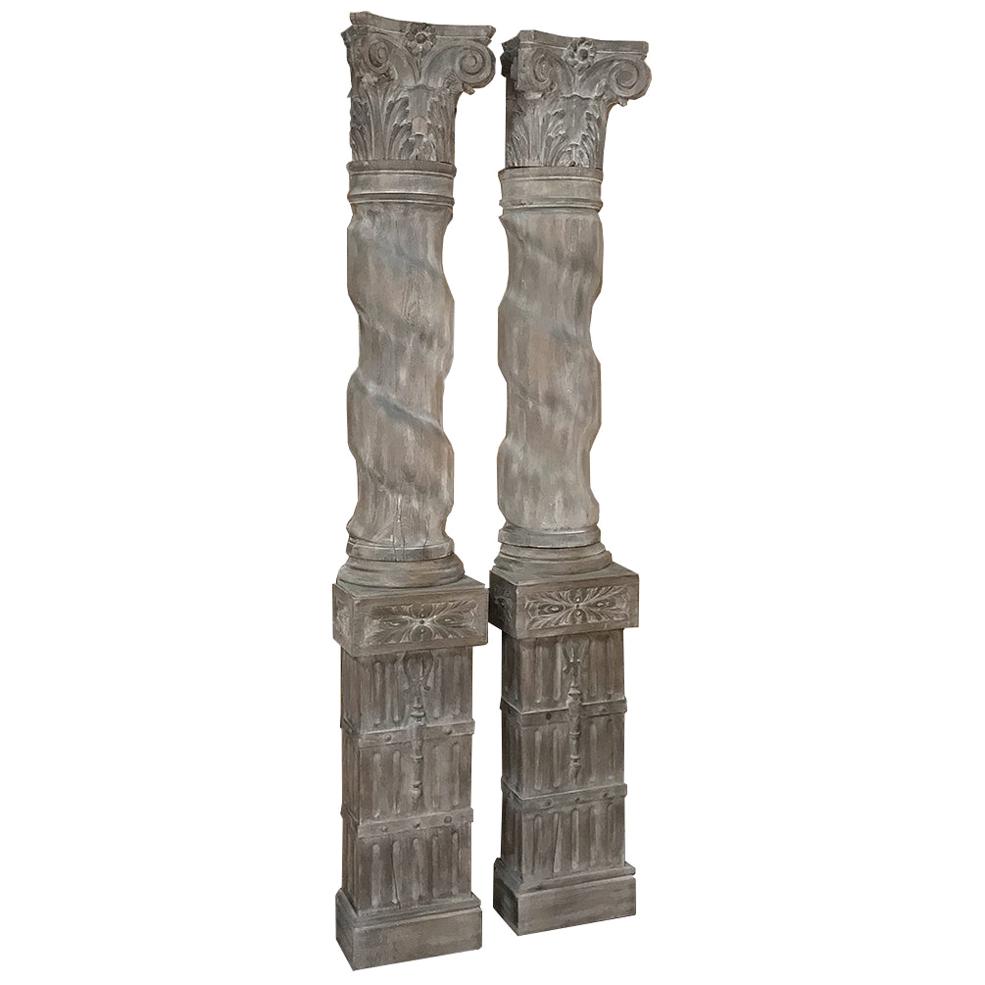 Pair of Architectural Corinthian Weathered Oak Hand Carved Columns, circa 1890