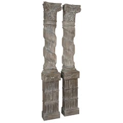 Pair of Architectural Corinthian Weathered Oak Hand Carved Columns, circa 1890