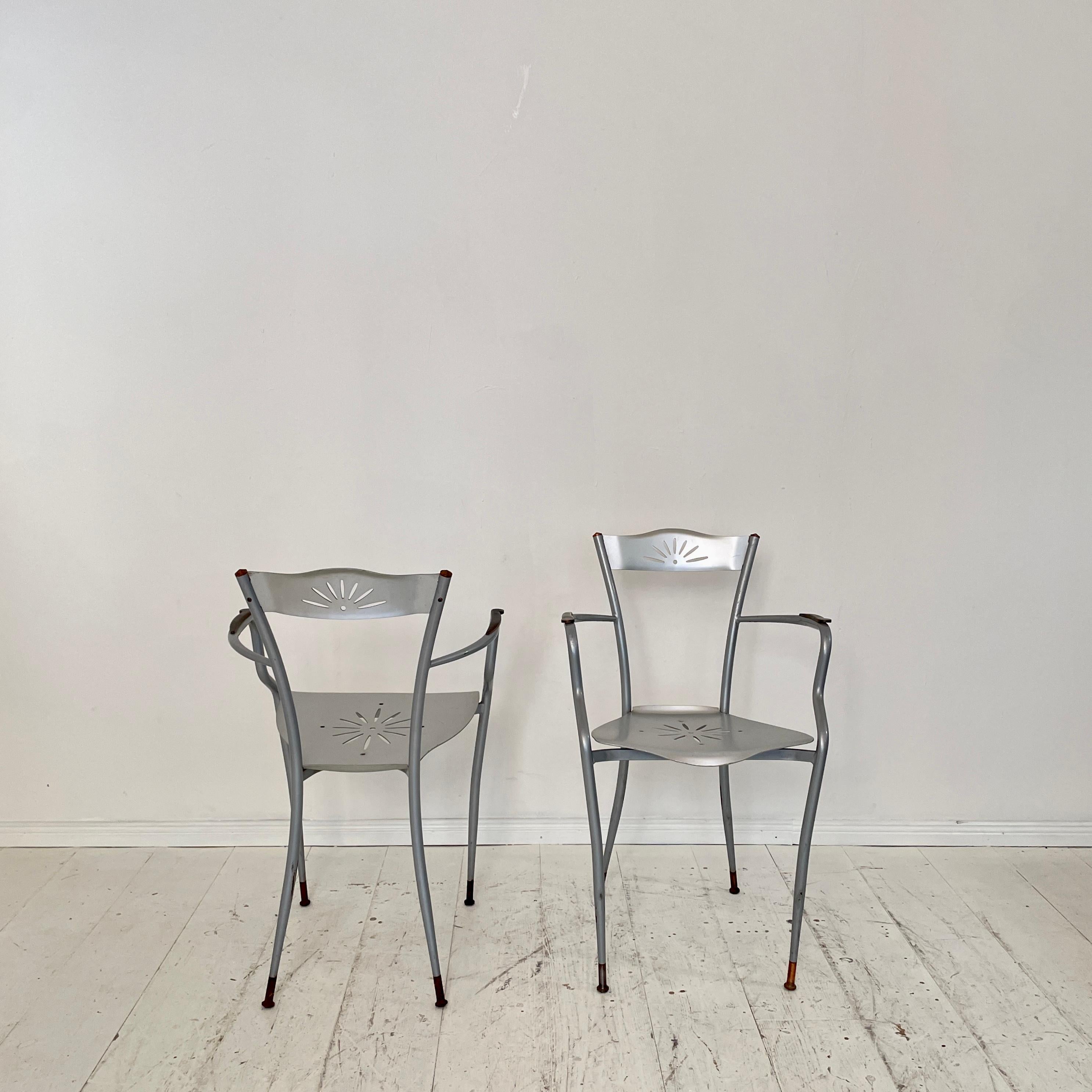 Aluminum Pair French Armchairs in Metal and Copper, around 1980 For Sale