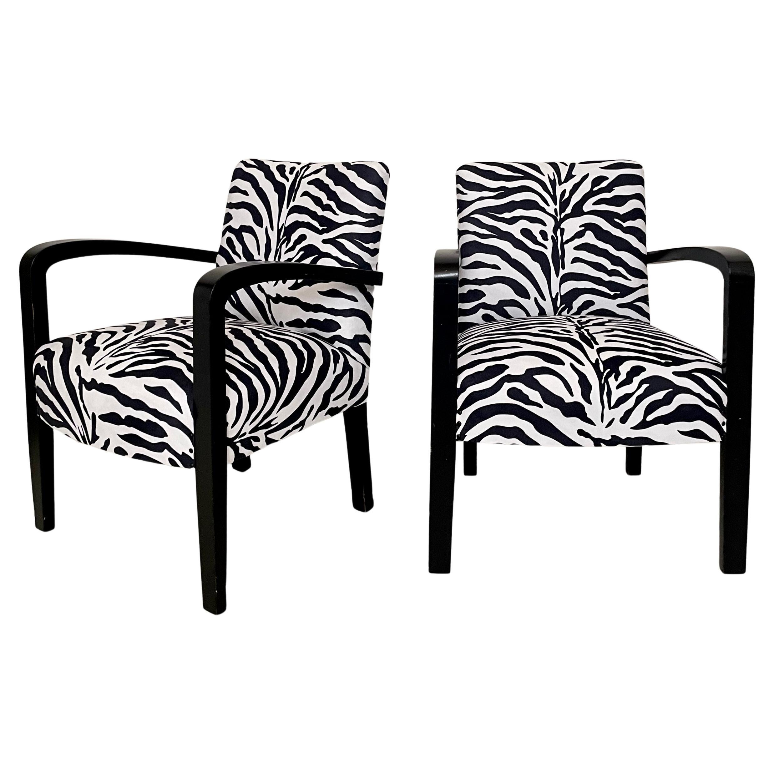 Pair French Art Deco Armchairs in Black Wood and Zebra Style Fabric, Around 1930