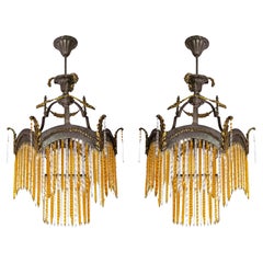 Pair French Art Deco & Art Nouveau Gilt Chandelier w Amber Crystal Glass Fringe