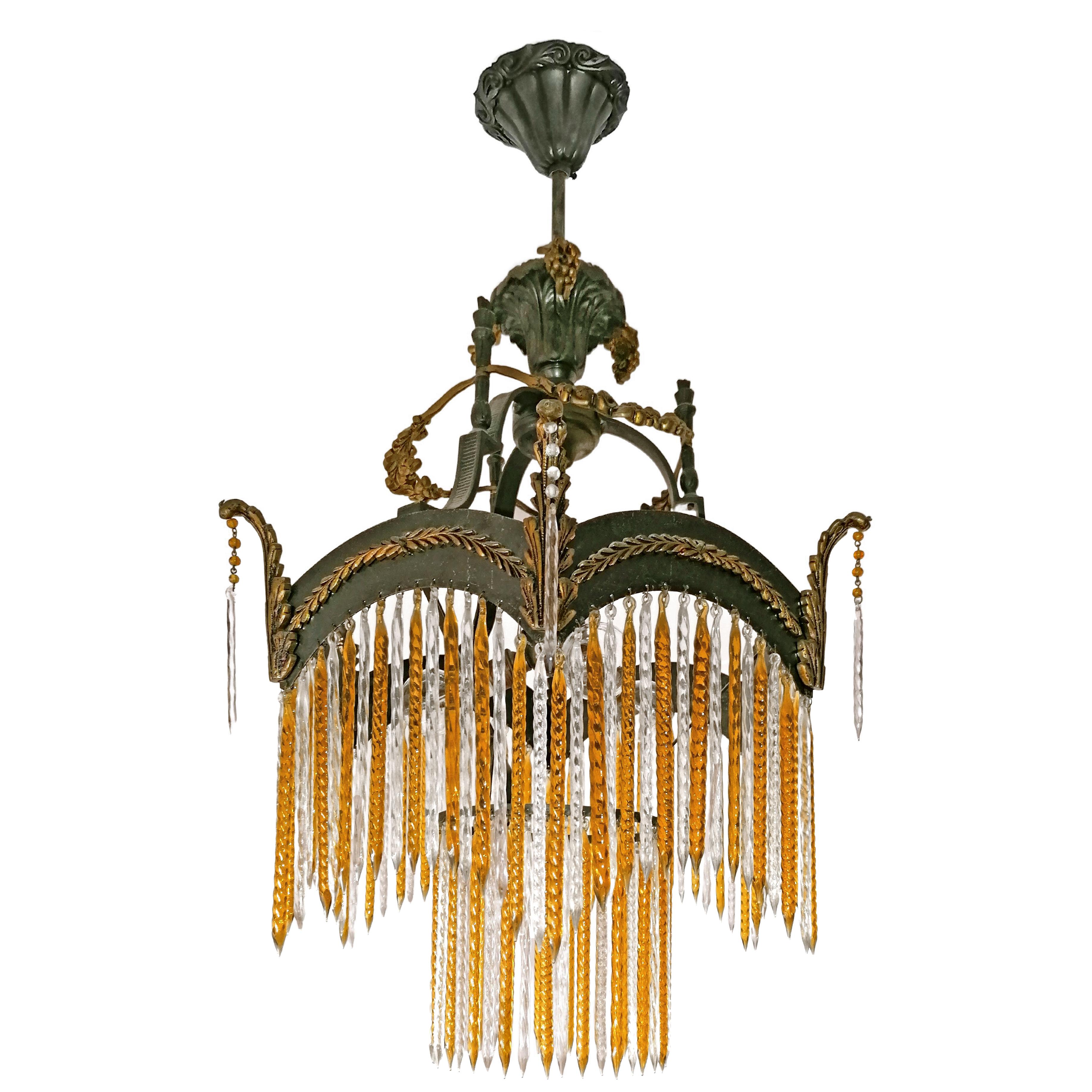 20th Century Pair French Art Deco & Art Nouveau Gilt Chandelier w Amber Crystal Glass Fringe For Sale