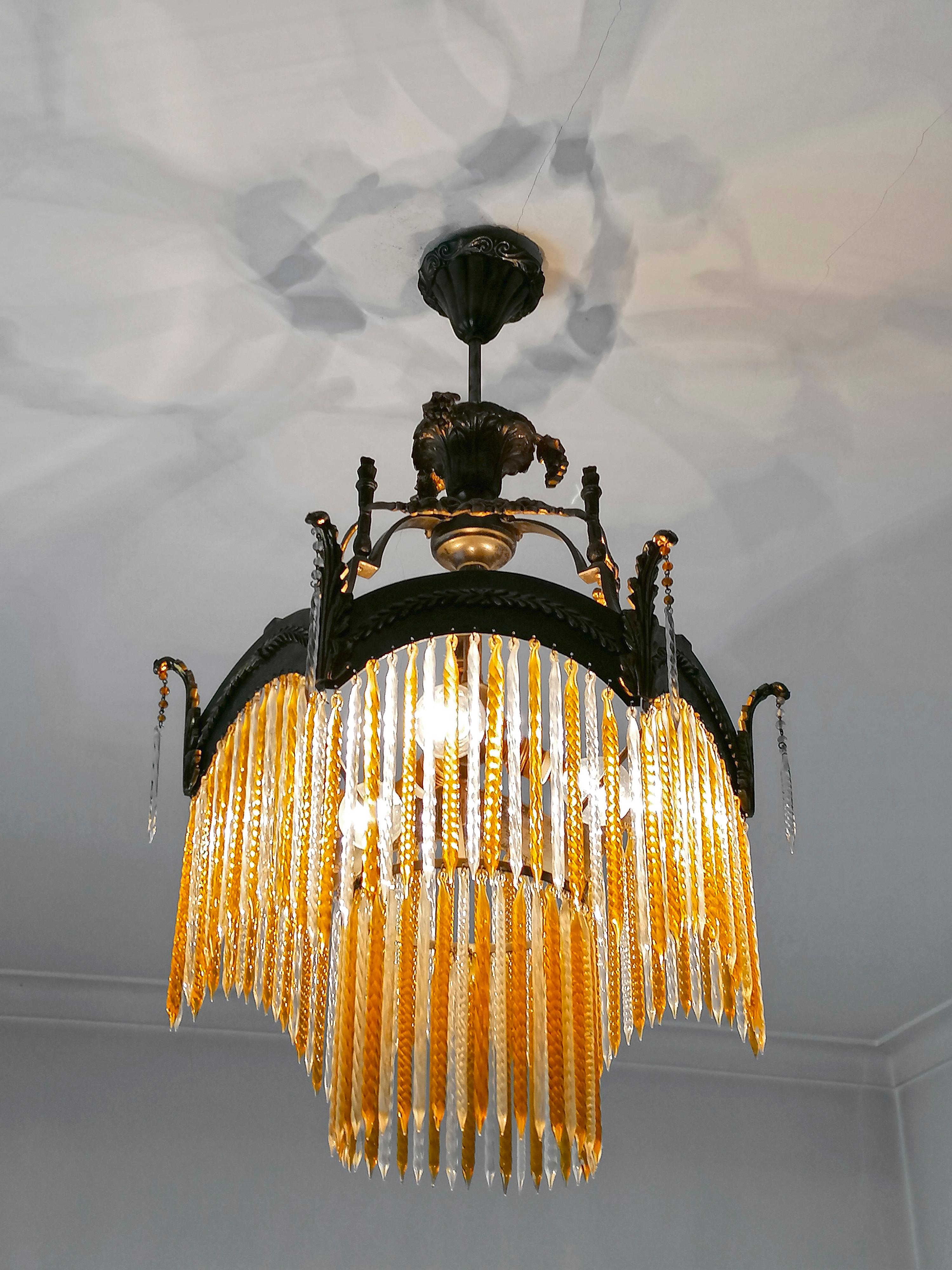 20th Century Pair French Art Deco & Art Nouveau Gilt Chandelier w Amber Crystal Glass Fringe For Sale
