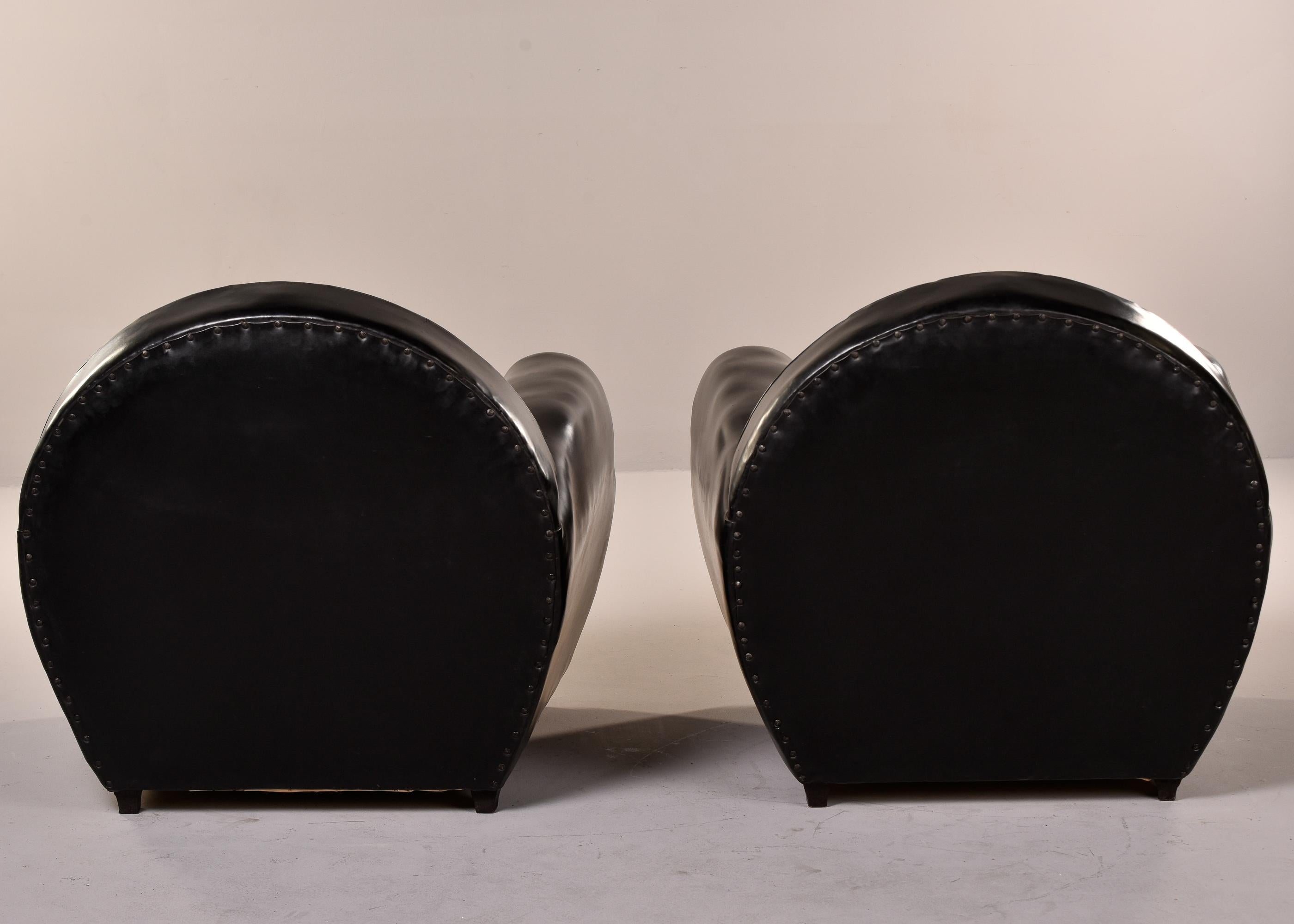Pair French Art Deco Black Leather Club Chairs 7