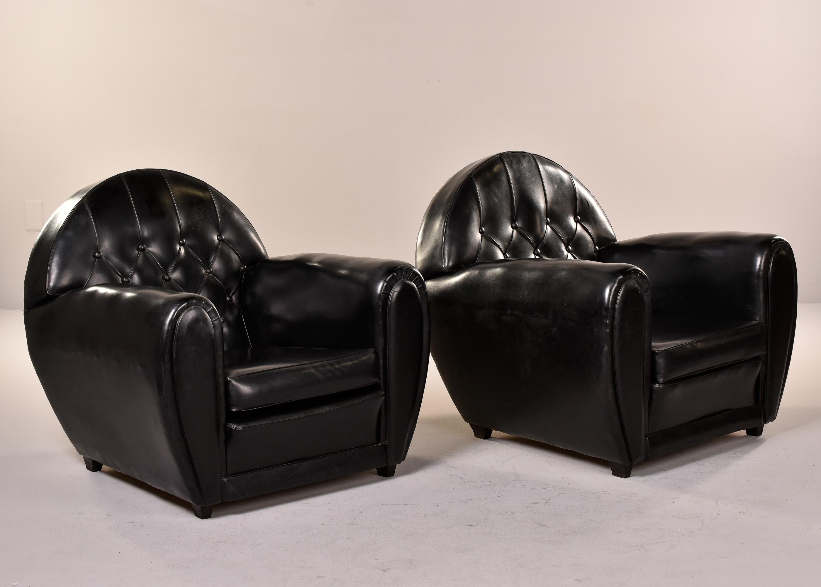 Pair French Art Deco Black Leather Club Chairs 8