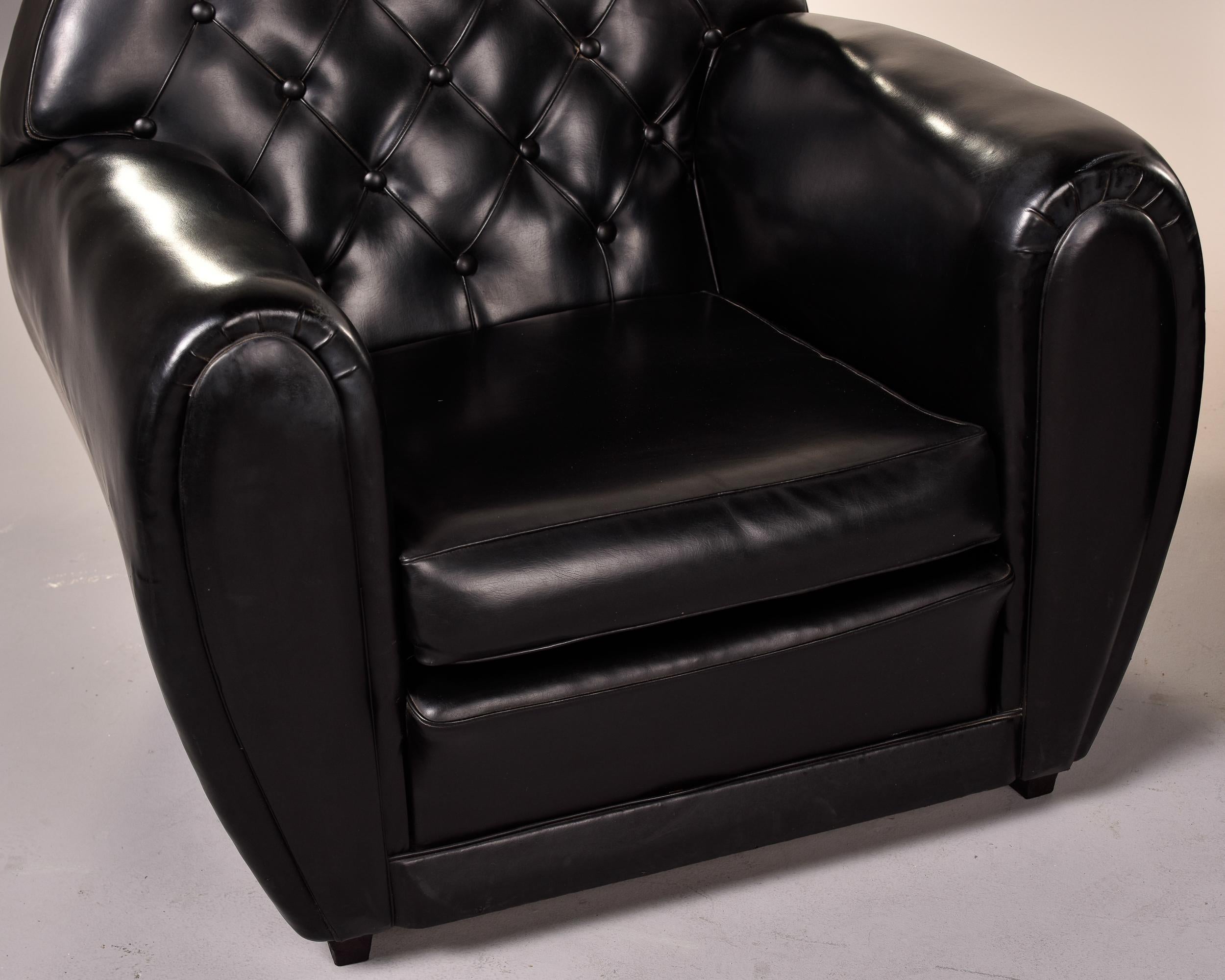 Pair French Art Deco Black Leather Club Chairs 10