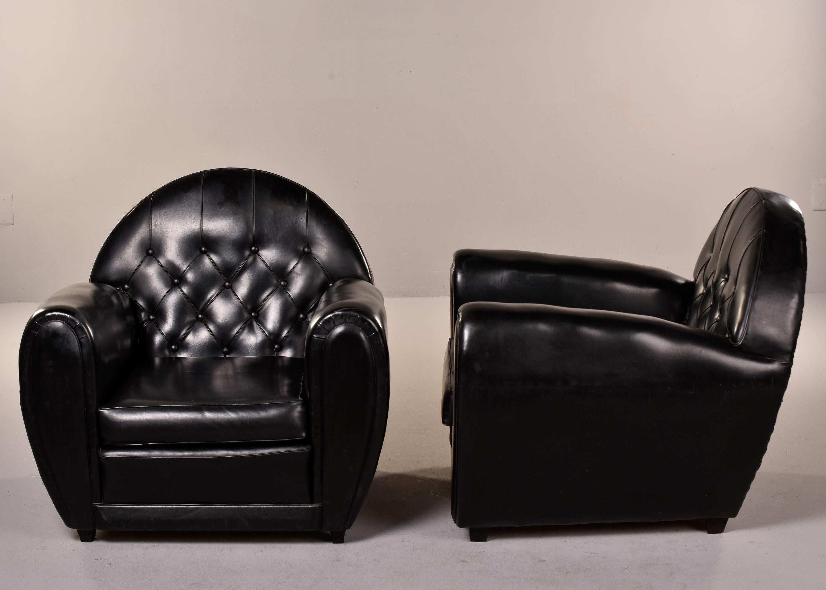 Pair French Art Deco Black Leather Club Chairs In Good Condition In Troy, MI