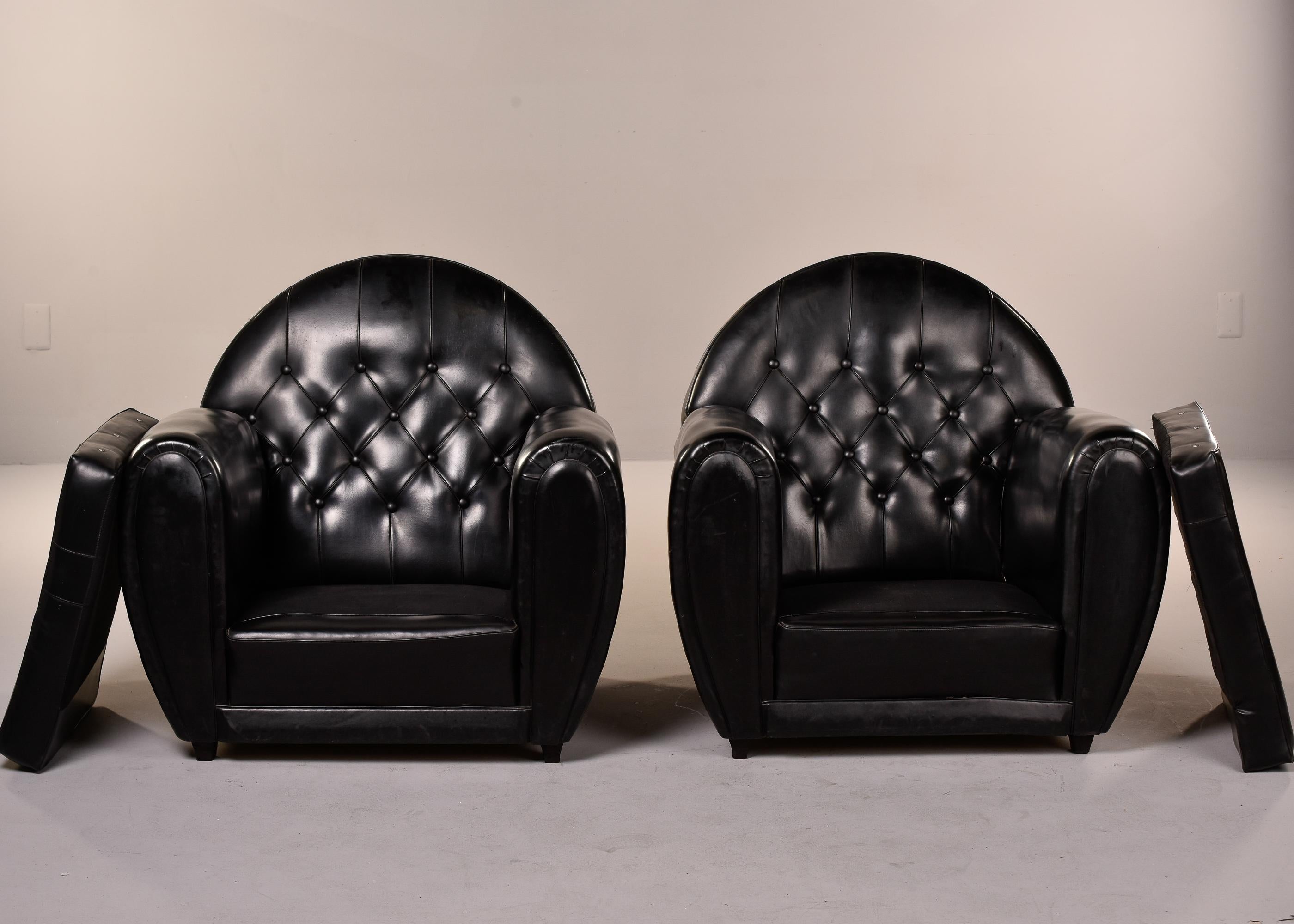 Pair French Art Deco Black Leather Club Chairs 3