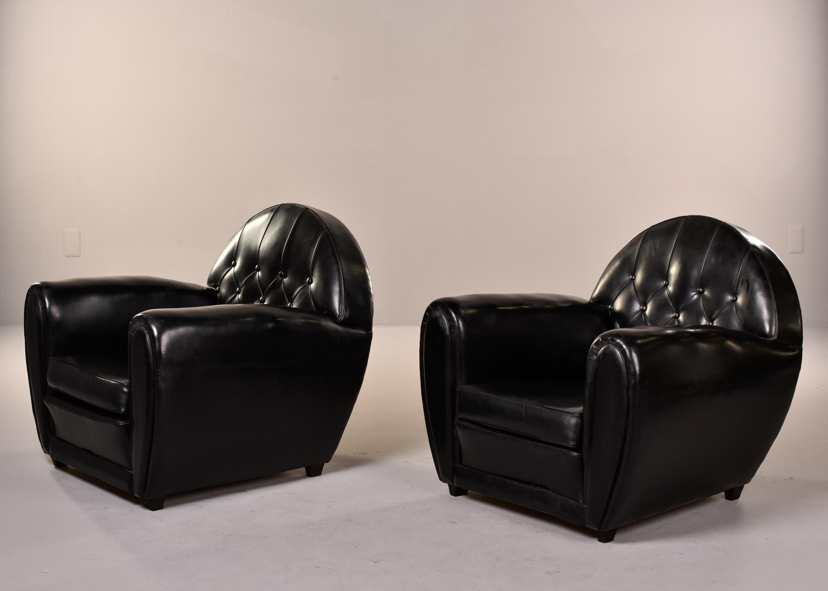 Pair French Art Deco Black Leather Club Chairs 4