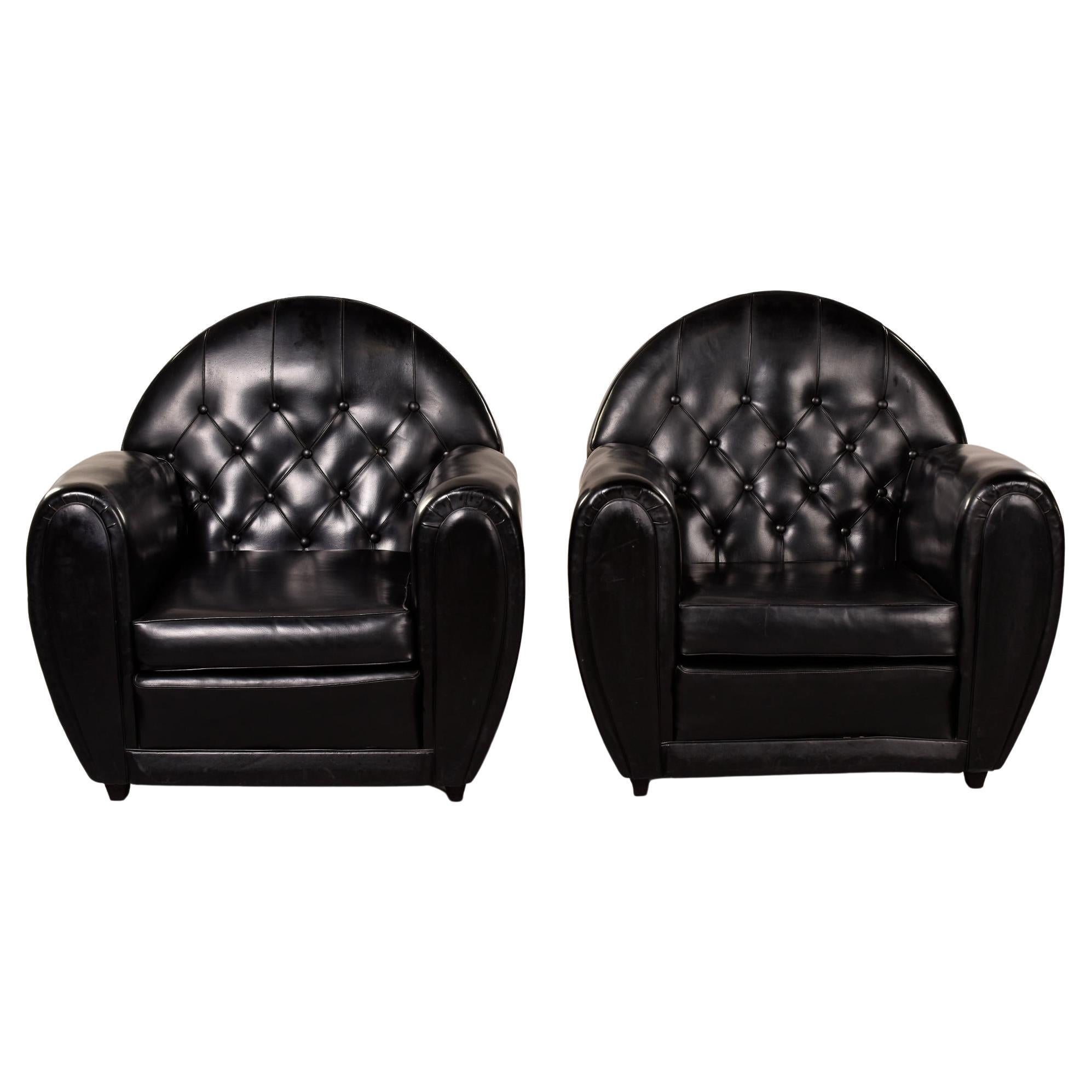 Pair French Art Deco Black Leather Club Chairs