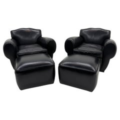 Pair French Art Deco Black Leather Lounge Chairs with Matching Ottomans.