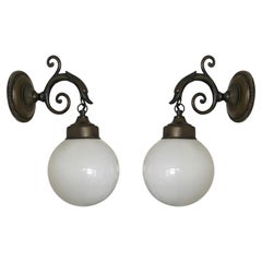 Pair of French Art Deco Brass Opaline Glass Bird Wall Sconces Indoor or Outdoor 