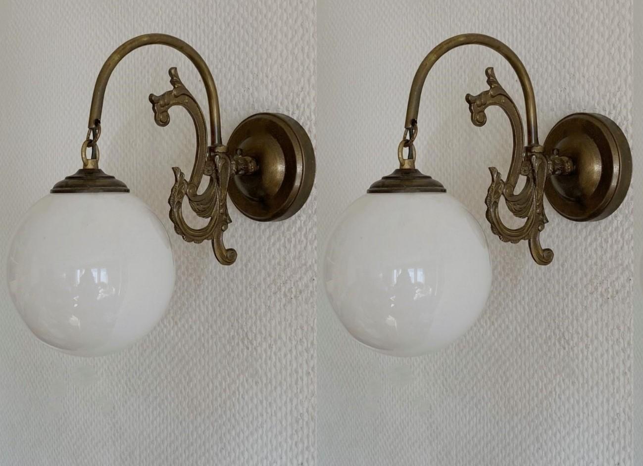 Bronzed Pair French Art Deco Brass Opaline Glass Wall Sconces, 1930s, Indoor or Outdoor For Sale