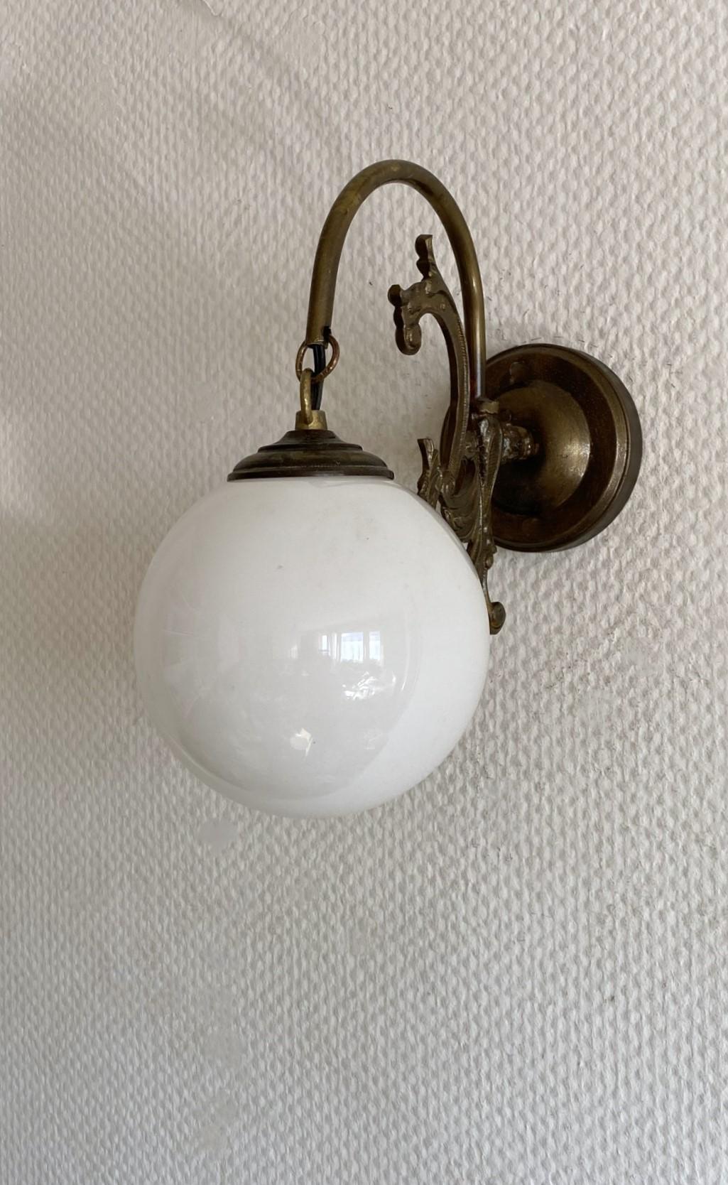 Pair French Art Deco Brass Opaline Glass Wall Sconces, 1930s, Indoor or Outdoor In Good Condition For Sale In Frankfurt am Main, DE
