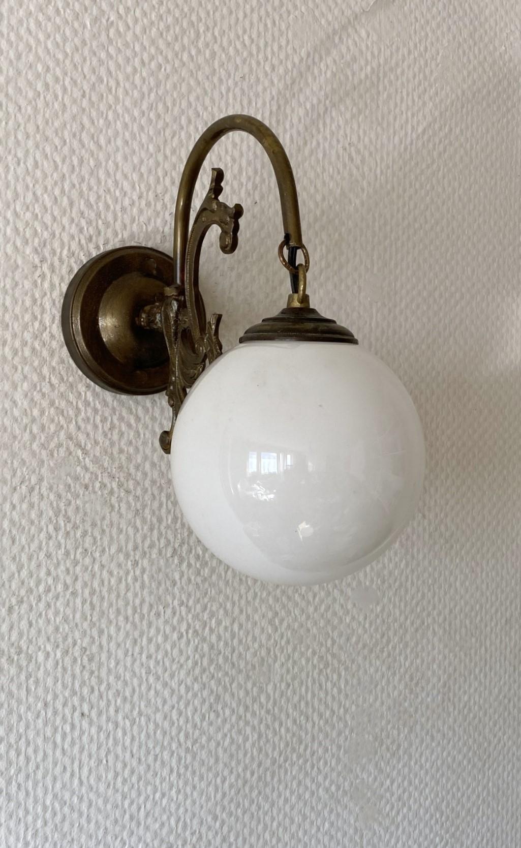 20th Century Pair French Art Deco Brass Opaline Glass Wall Sconces, 1930s, Indoor or Outdoor For Sale