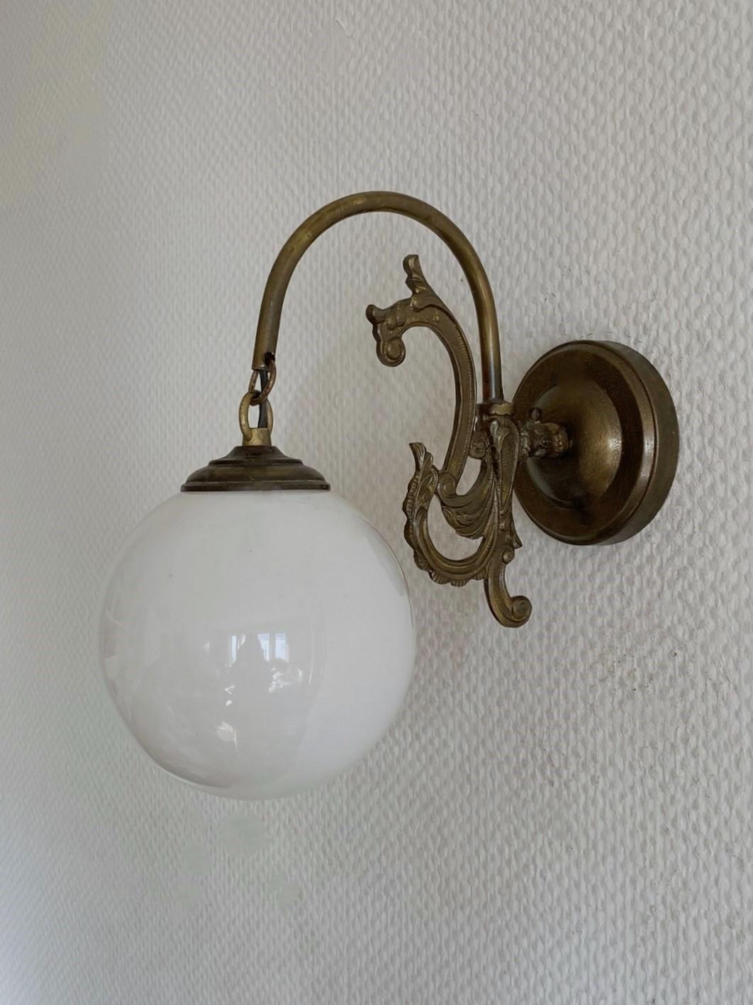 Pair French Art Deco Brass Opaline Glass Wall Sconces, 1930s, Indoor or Outdoor For Sale 2