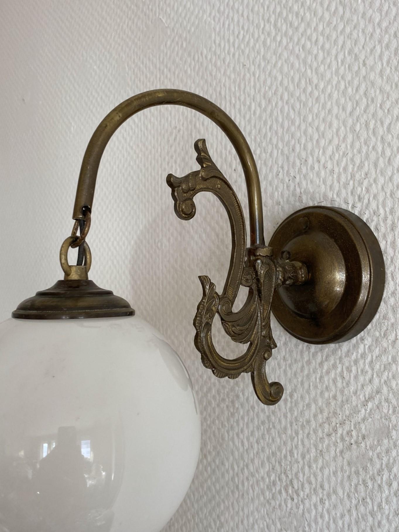 Pair French Art Deco Brass Opaline Glass Wall Sconces, 1930s, Indoor or Outdoor For Sale 3