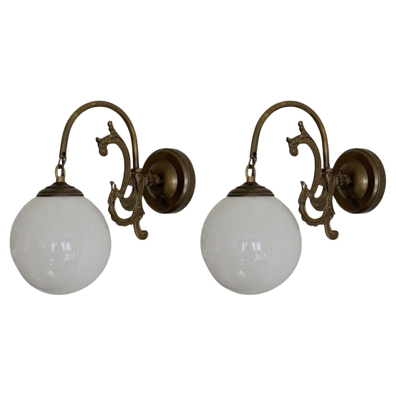 Pair French Art Deco Brass Opaline Glass Wall Sconces, 1930s, Indoor or Outdoor