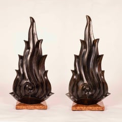 Pair French Art Deco Bronze Flame Finials 39"H