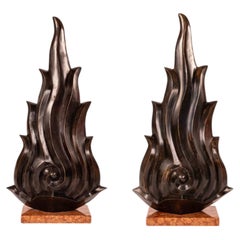 Pair French Art Deco Bronze Flame Finials 39"H