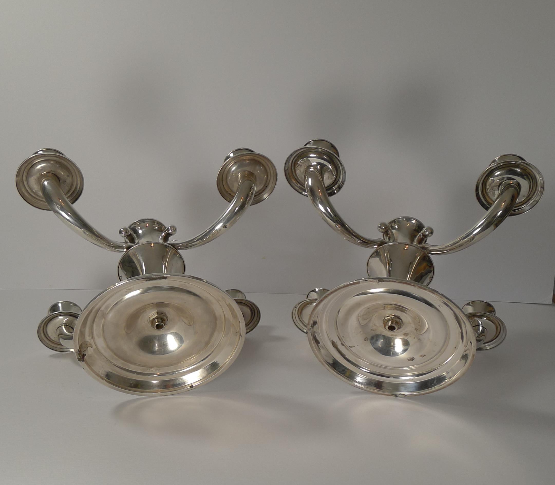 Mid-20th Century Pair of French Art Deco Candelabra in Silver Plate by Ravinet d'Enfert