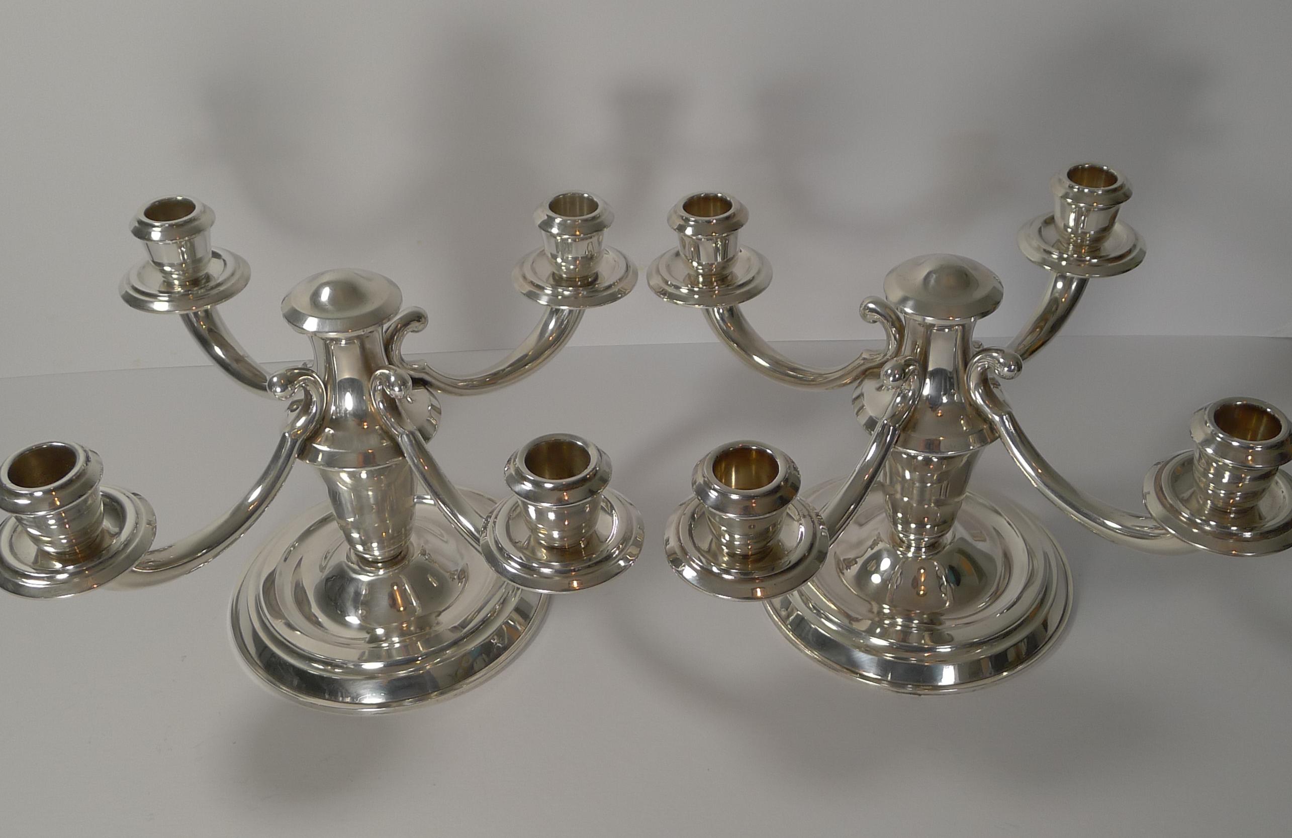 Pair of French Art Deco Candelabra in Silver Plate by Ravinet d'Enfert 4