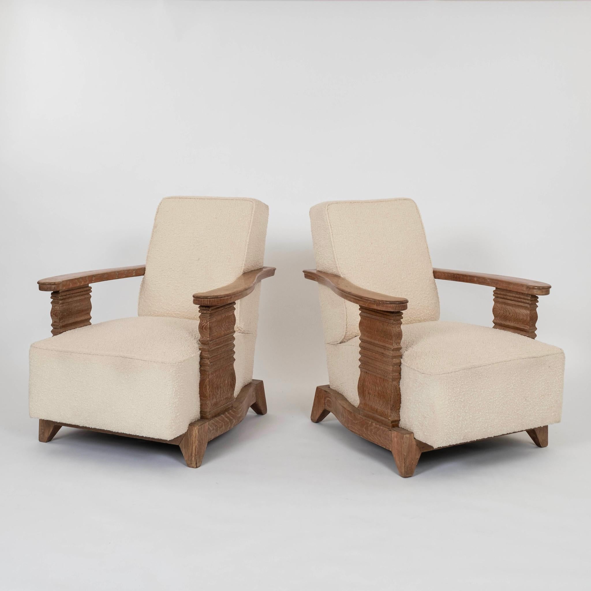 Pair French Art Deco Cerused White Oak Lounge Chairs In Good Condition In Houston, TX