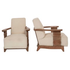 Antique Pair French Art Deco Cerused White Oak Lounge Chairs