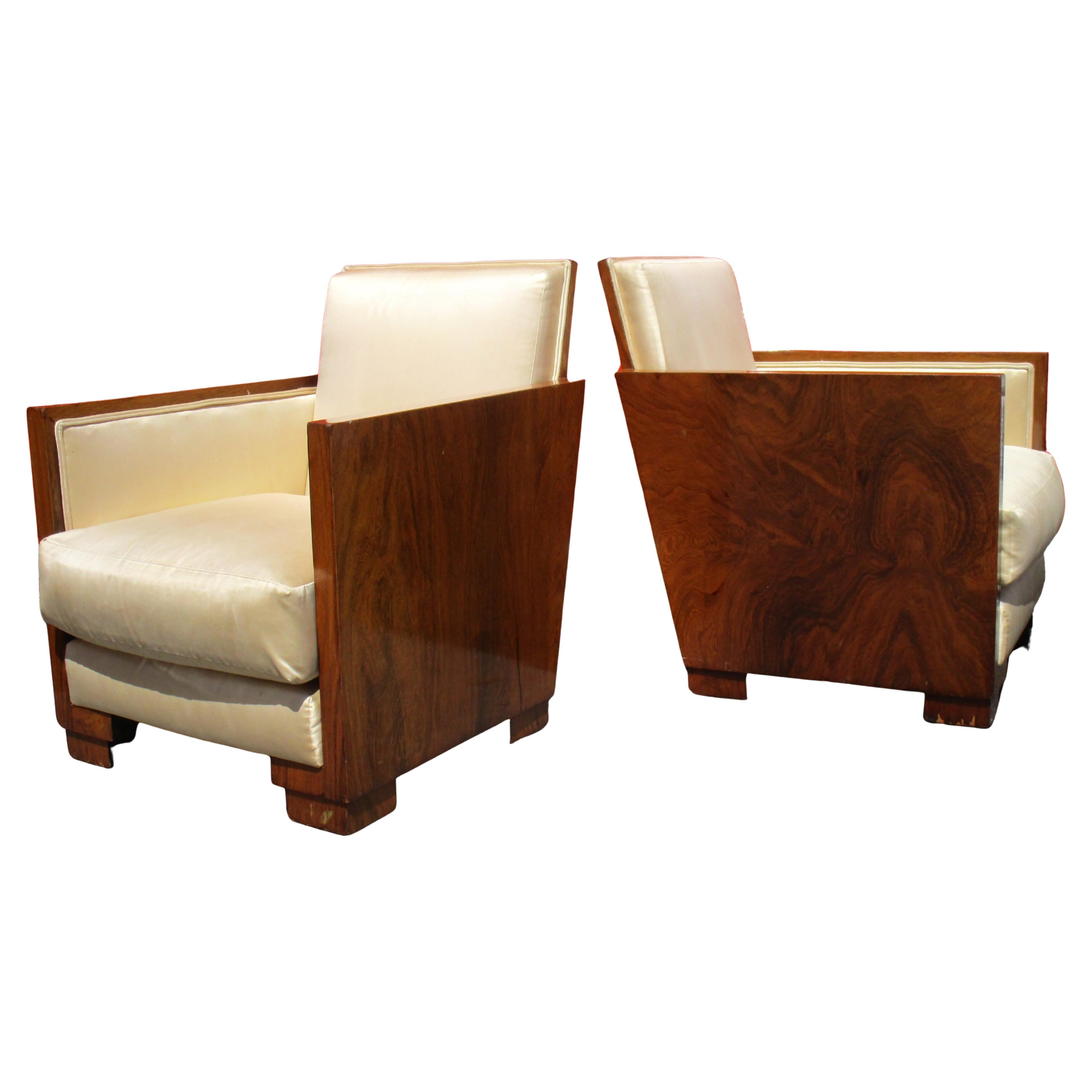 Veneer Pair French Art Deco Exotic Hardwood Armchairs For Sale