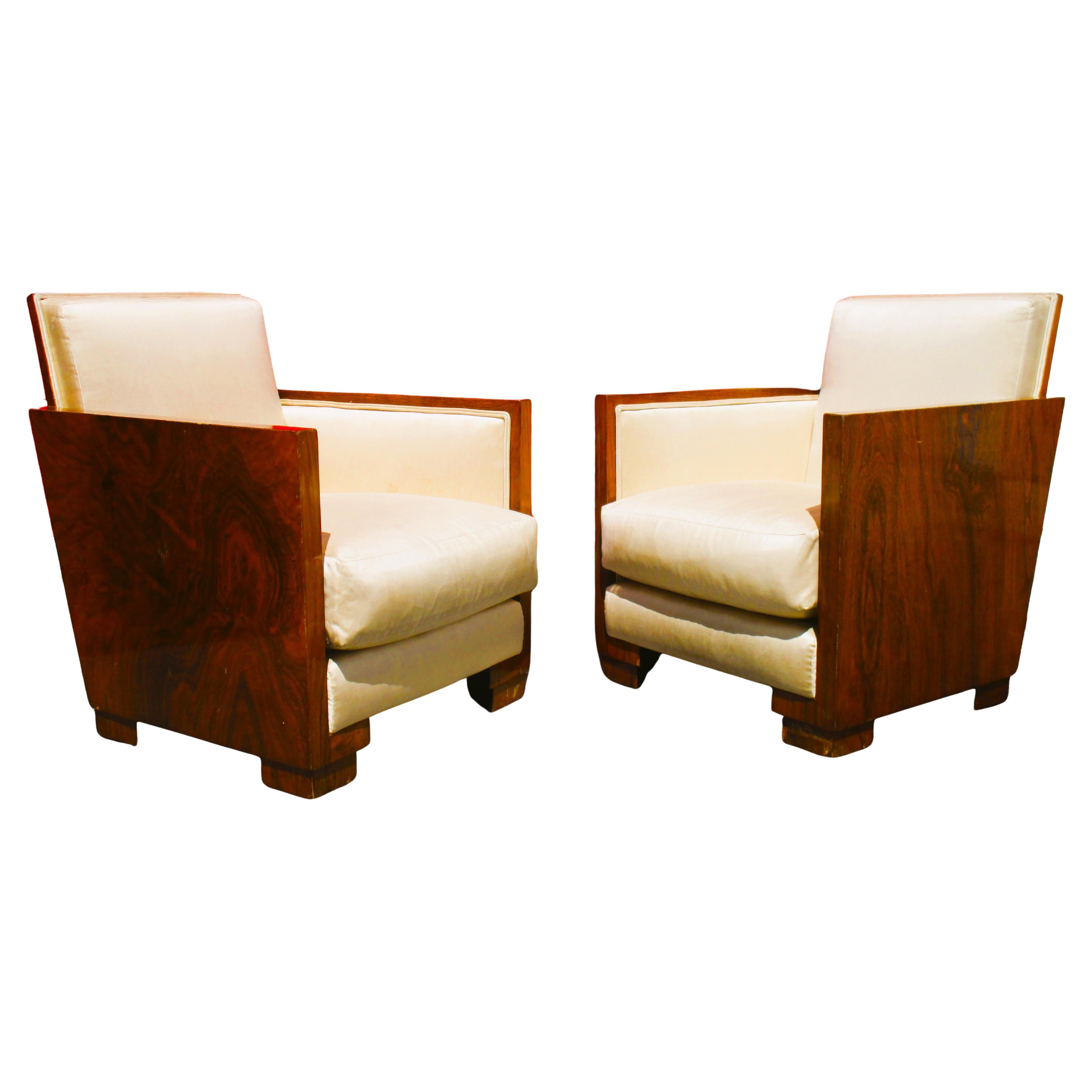Pair French Art Deco Exotic Hardwood Armchairs In Good Condition For Sale In Rochester, NY