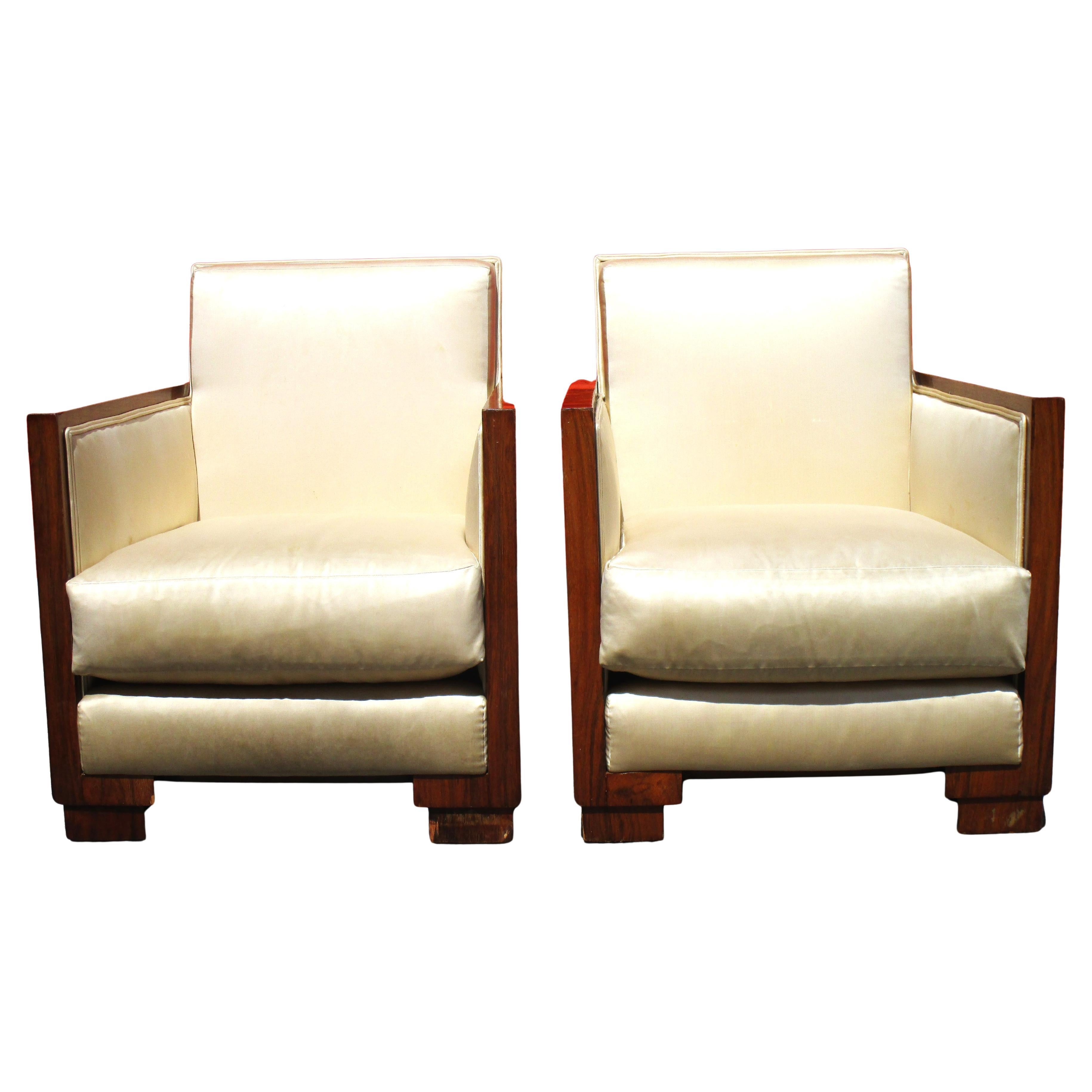 Mid-20th Century Pair French Art Deco Exotic Hardwood Armchairs For Sale