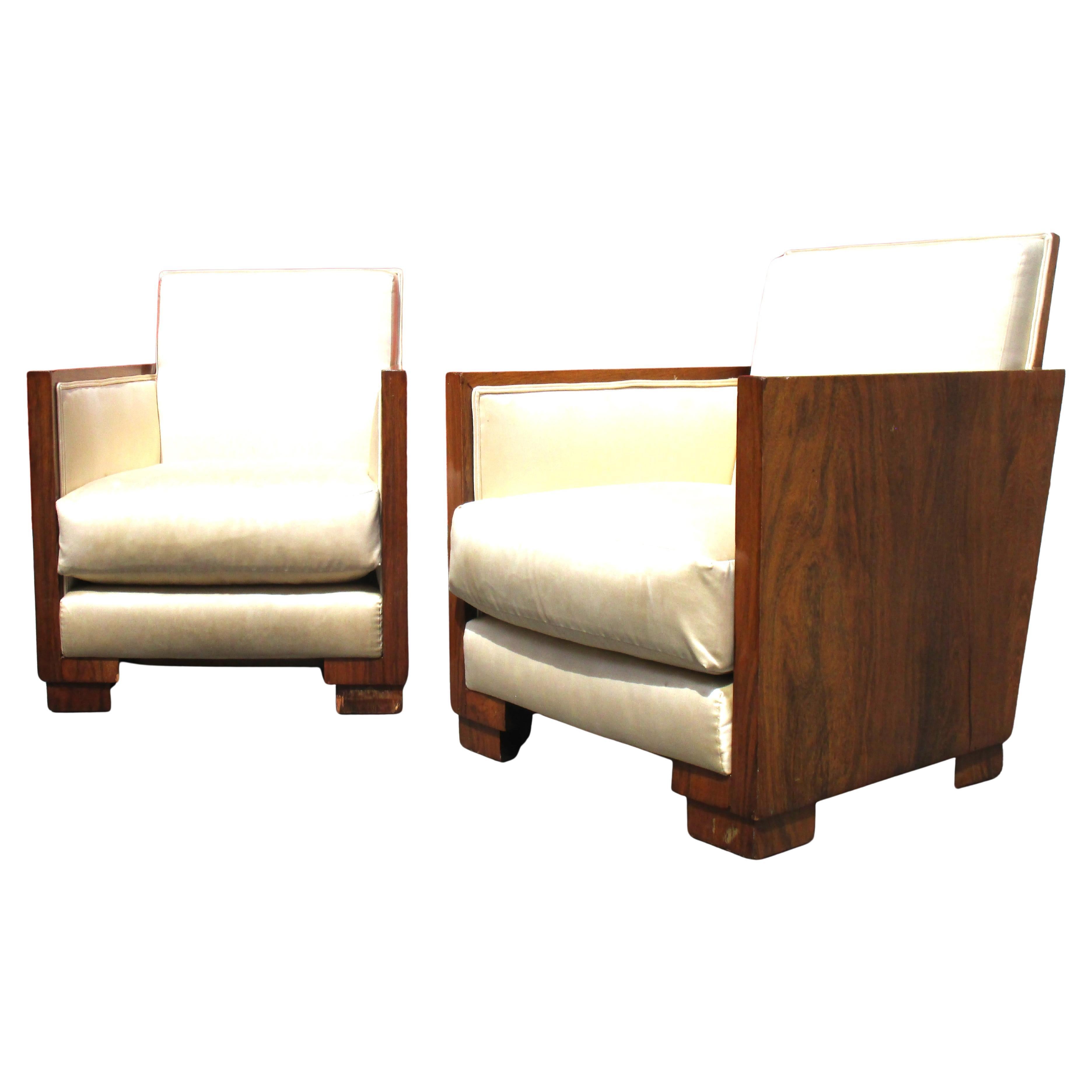 Silk Pair French Art Deco Exotic Hardwood Armchairs For Sale