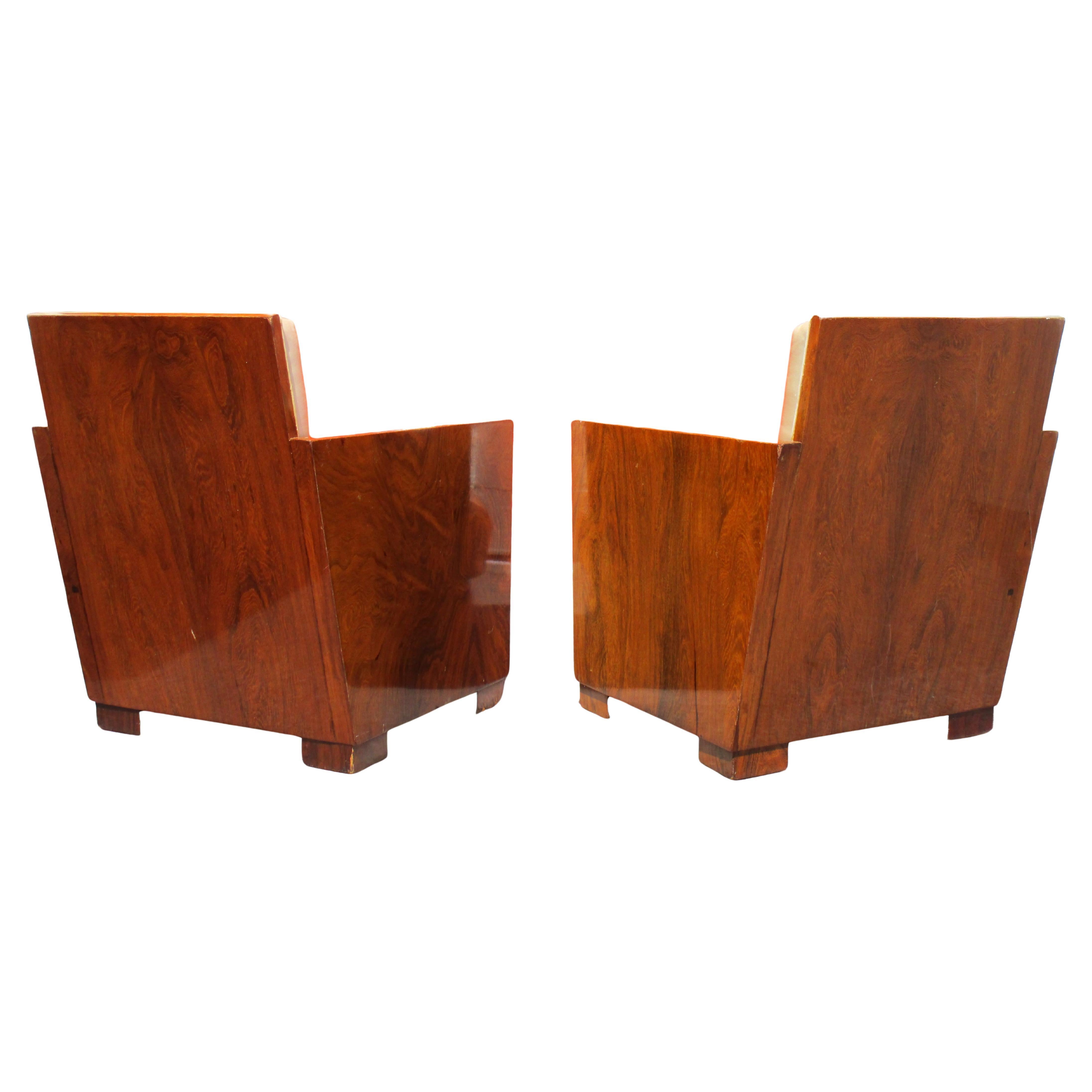 Pair French Art Deco Exotic Hardwood Armchairs For Sale 1
