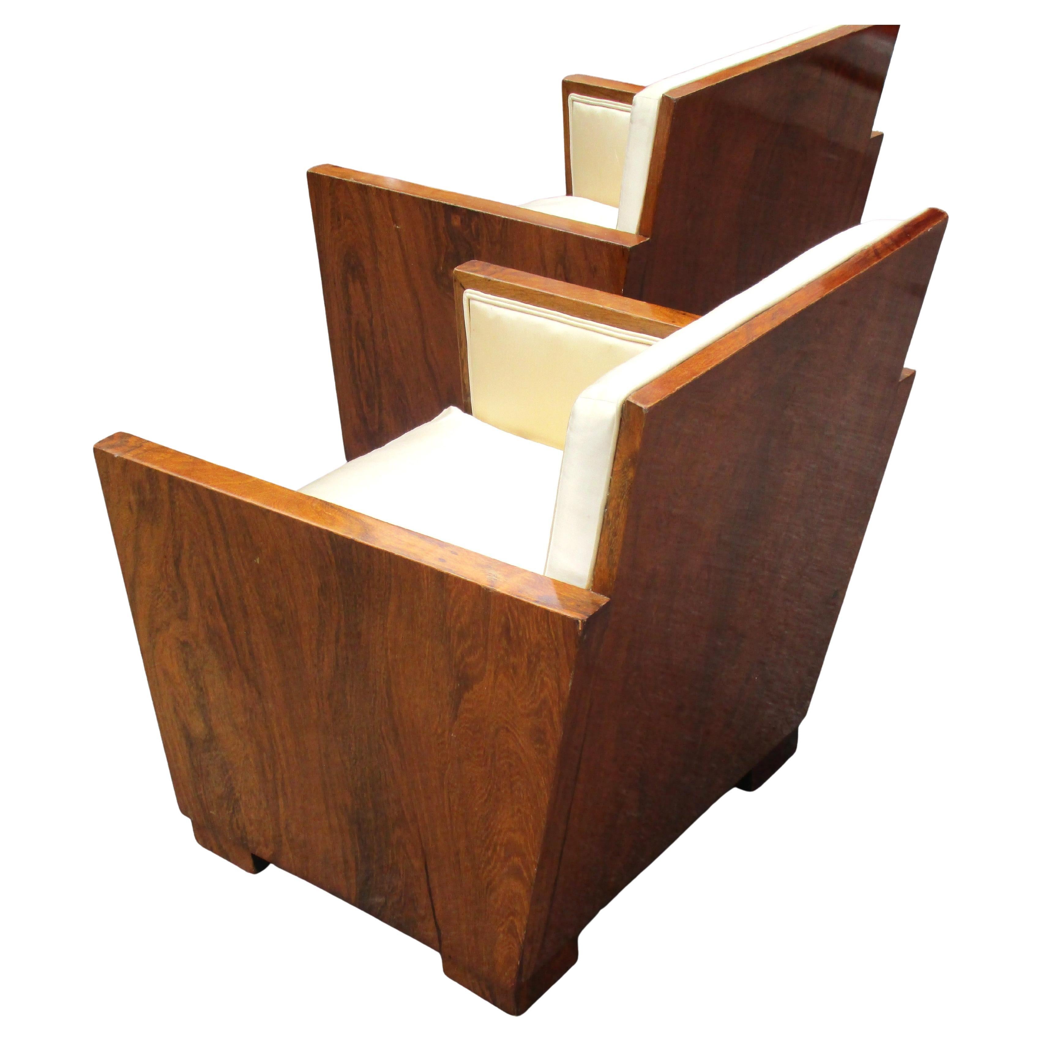 Pair French Art Deco Exotic Hardwood Armchairs For Sale 2