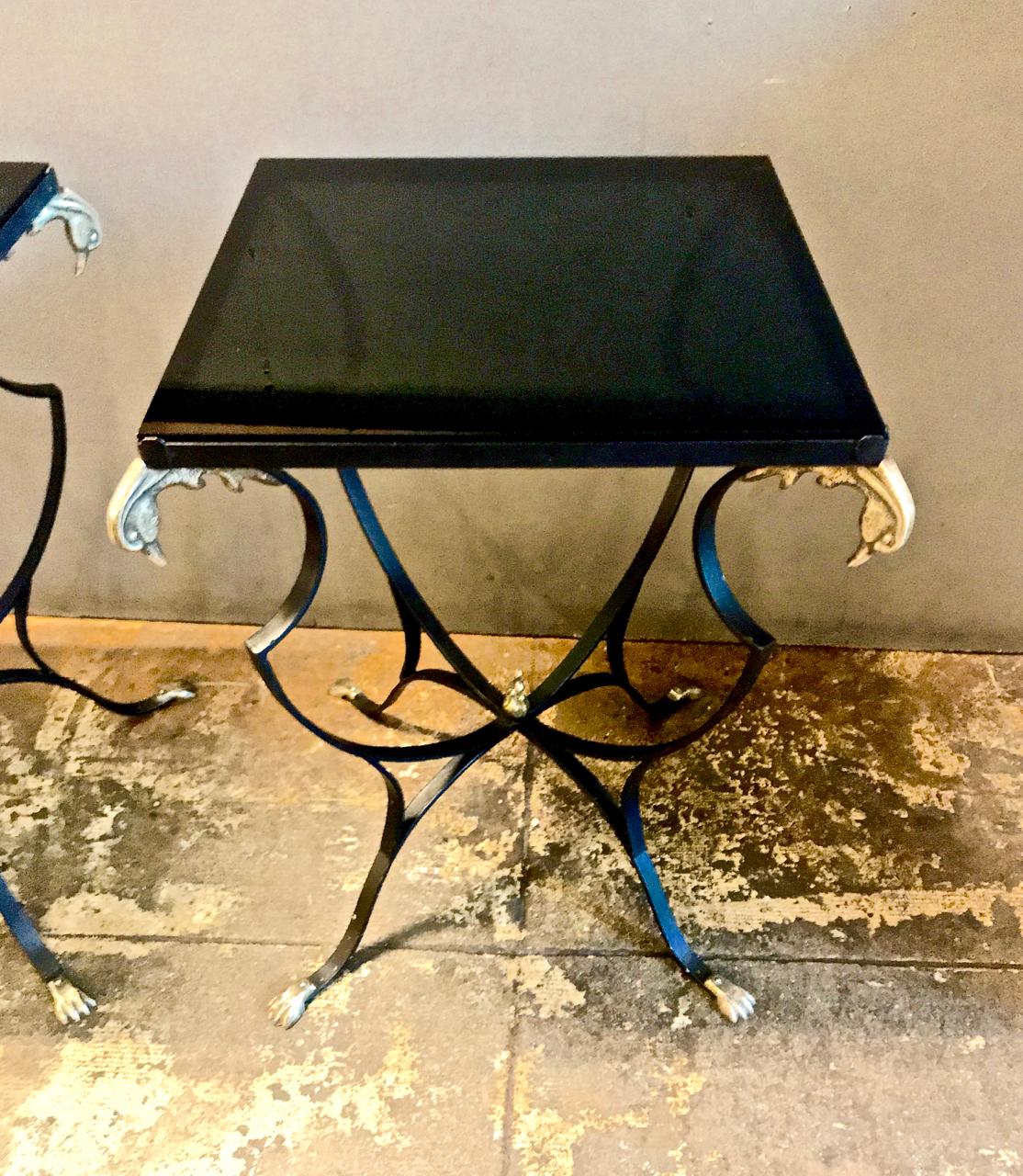 Cast Pair of French Art Deco Forged Iron and Brass Side Tables