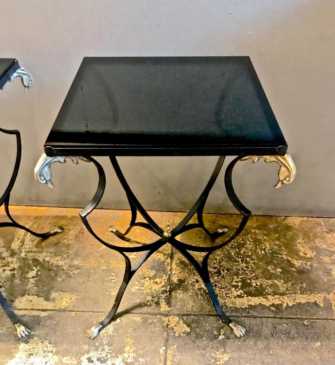 Pair of French Art Deco Forged Iron and Brass Side Tables In Good Condition In Pasadena, CA