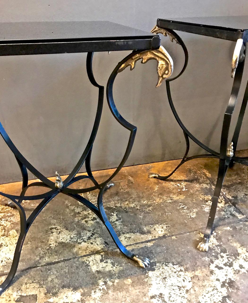 20th Century Pair of French Art Deco Forged Iron and Brass Side Tables