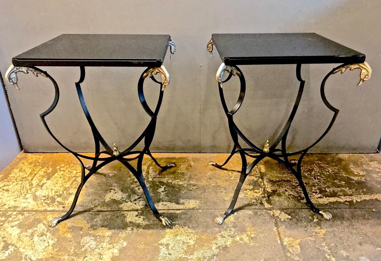 Pair of French Art Deco Forged Iron and Brass Side Tables 4