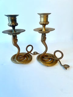 Pair French Art Deco Gilt Bronze Serpent Snake Candle Sticks