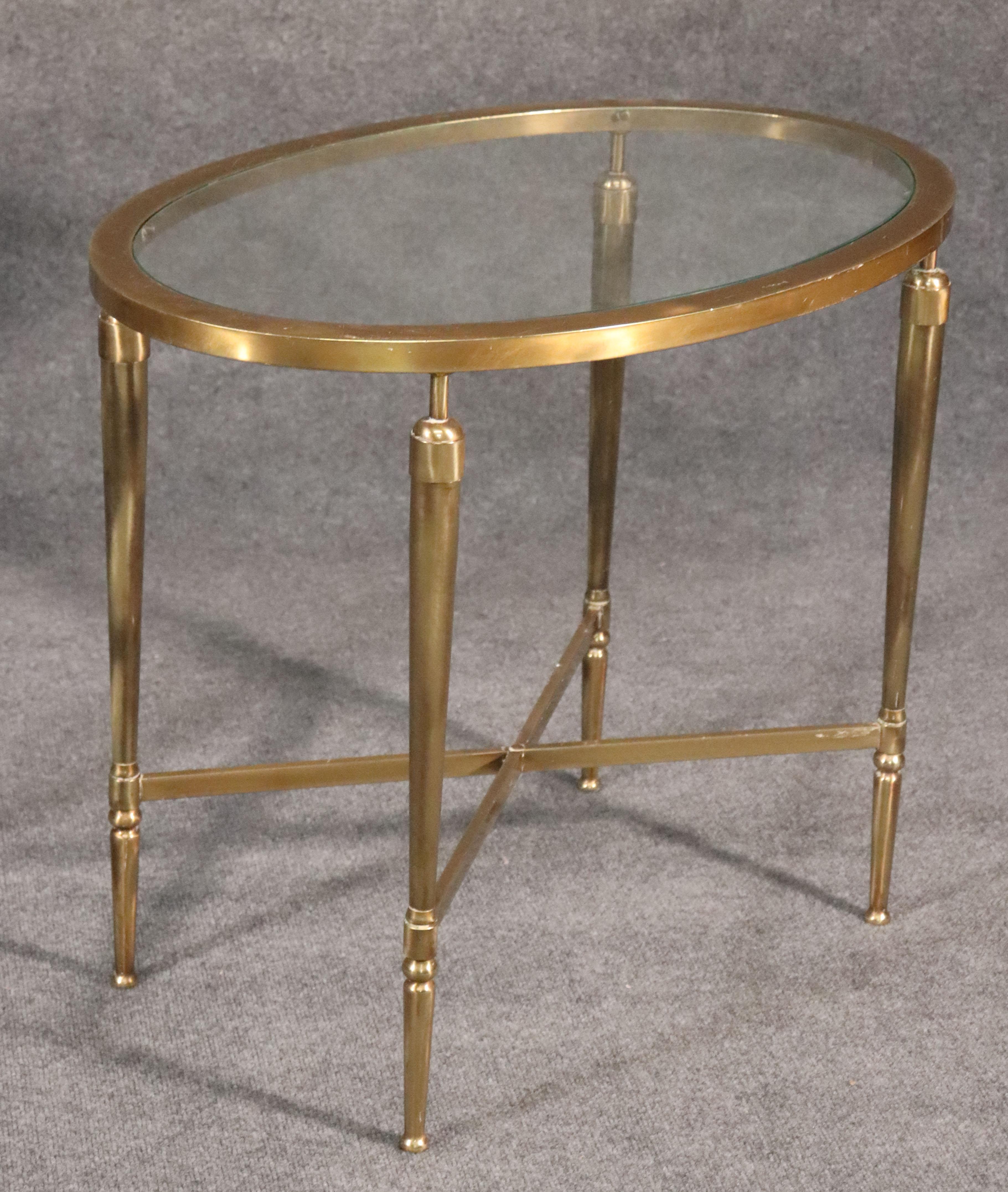Pair of French Art Deco Glass Top Oval Solid Brass End Occasional Tables In Good Condition In Swedesboro, NJ