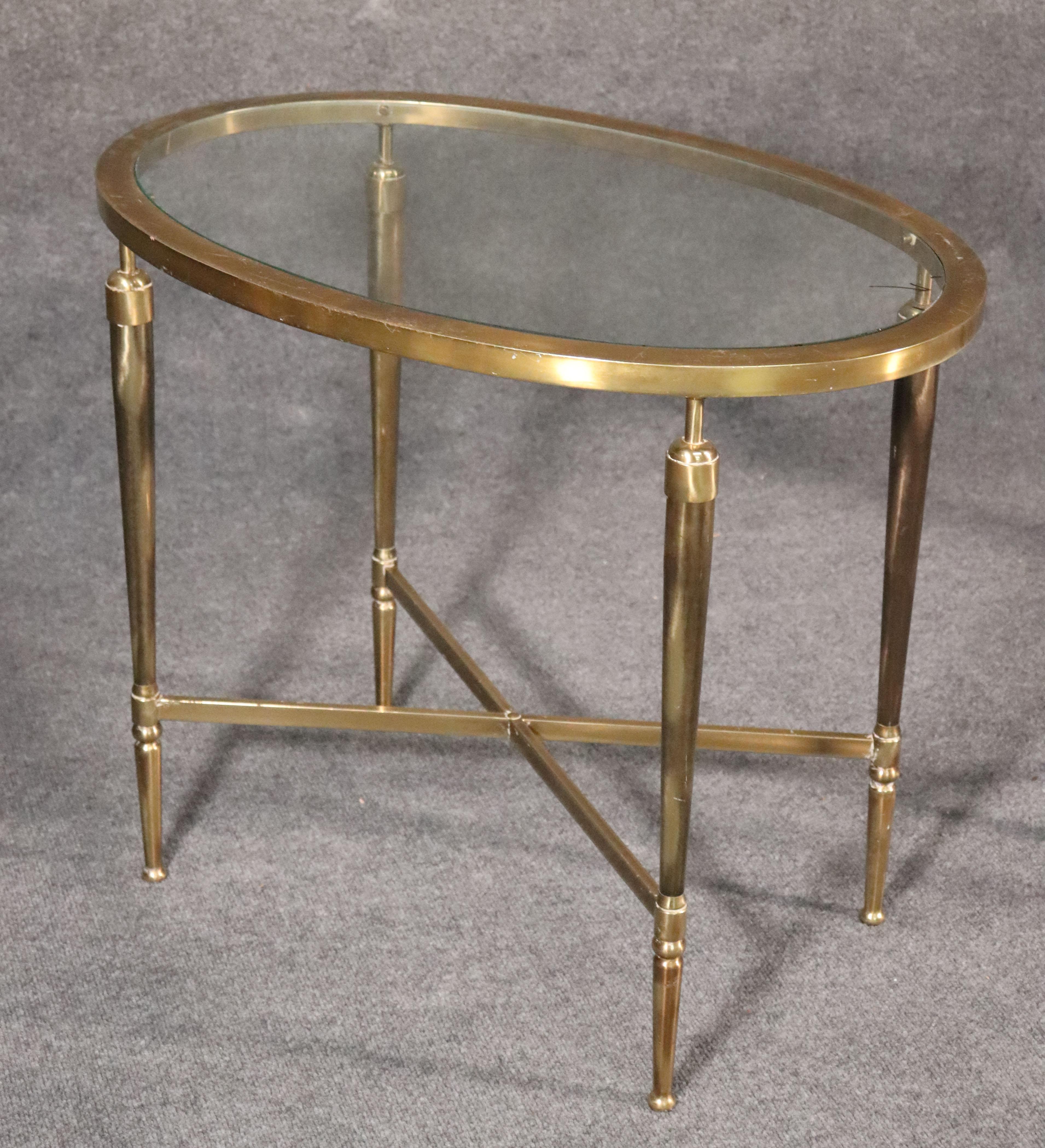 Mid-20th Century Pair of French Art Deco Glass Top Oval Solid Brass End Occasional Tables