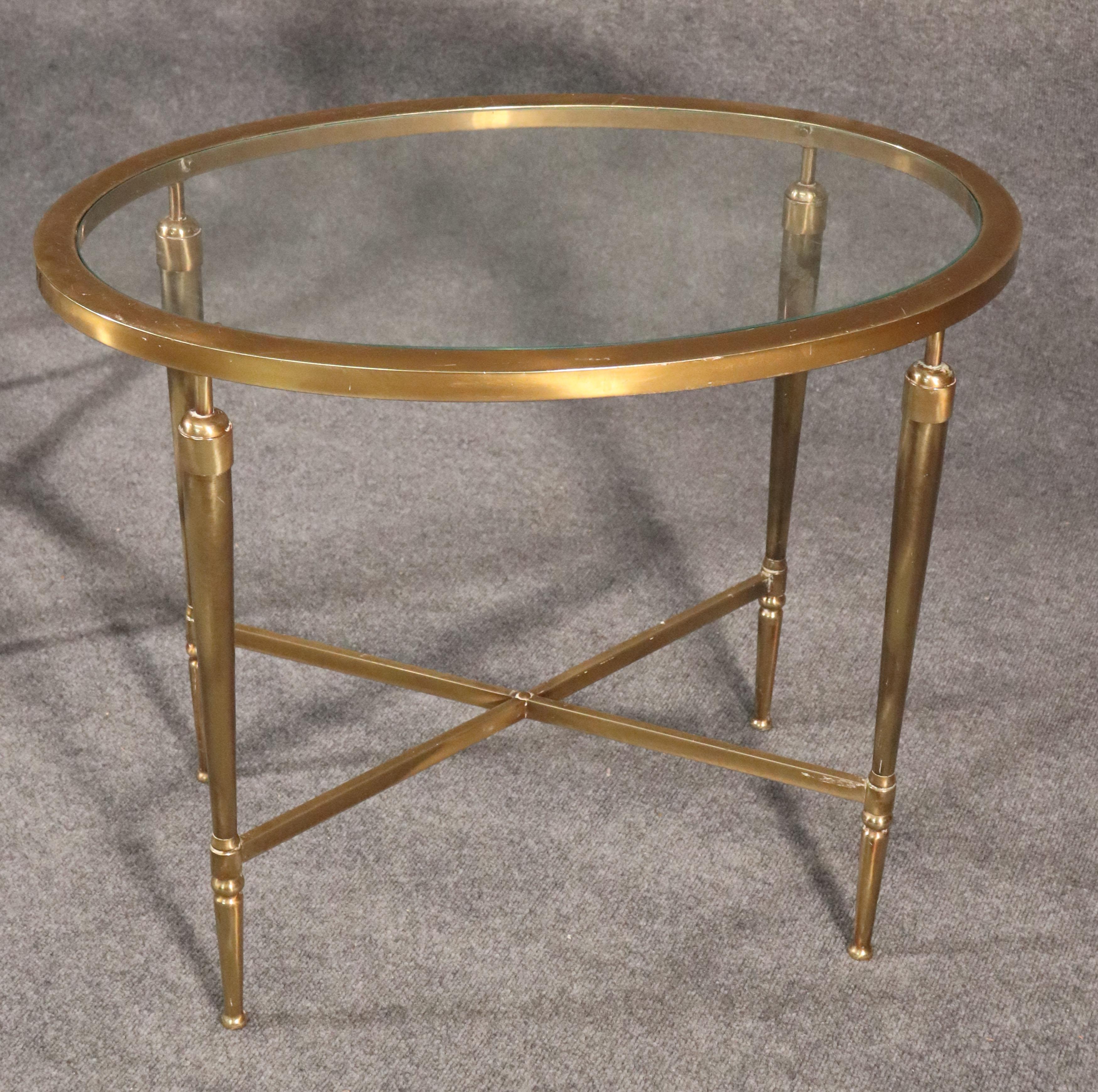 Pair of French Art Deco Glass Top Oval Solid Brass End Occasional Tables 1
