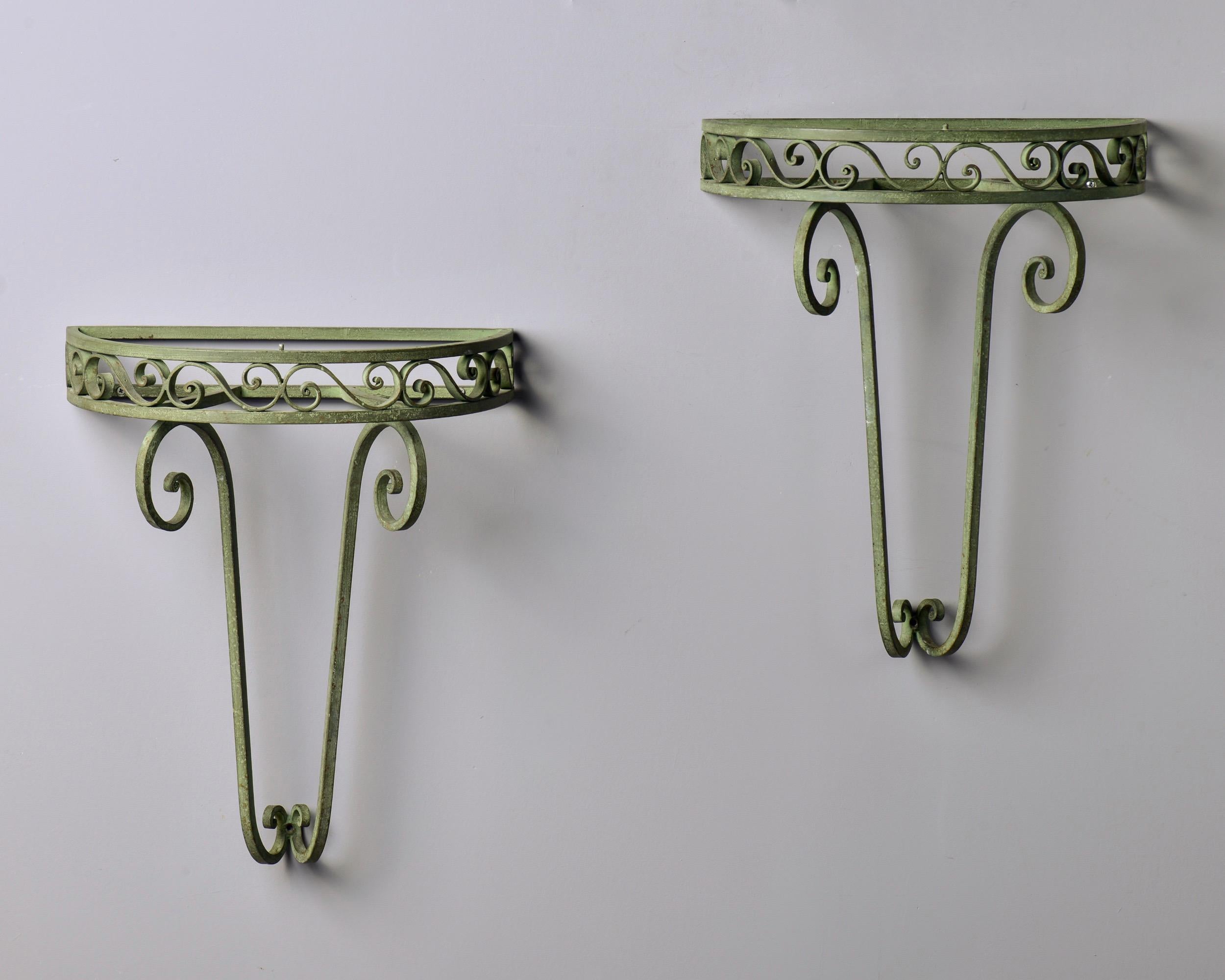 Pair French Art Deco Iron Demilune Wall Consoles with Marble Tops 7