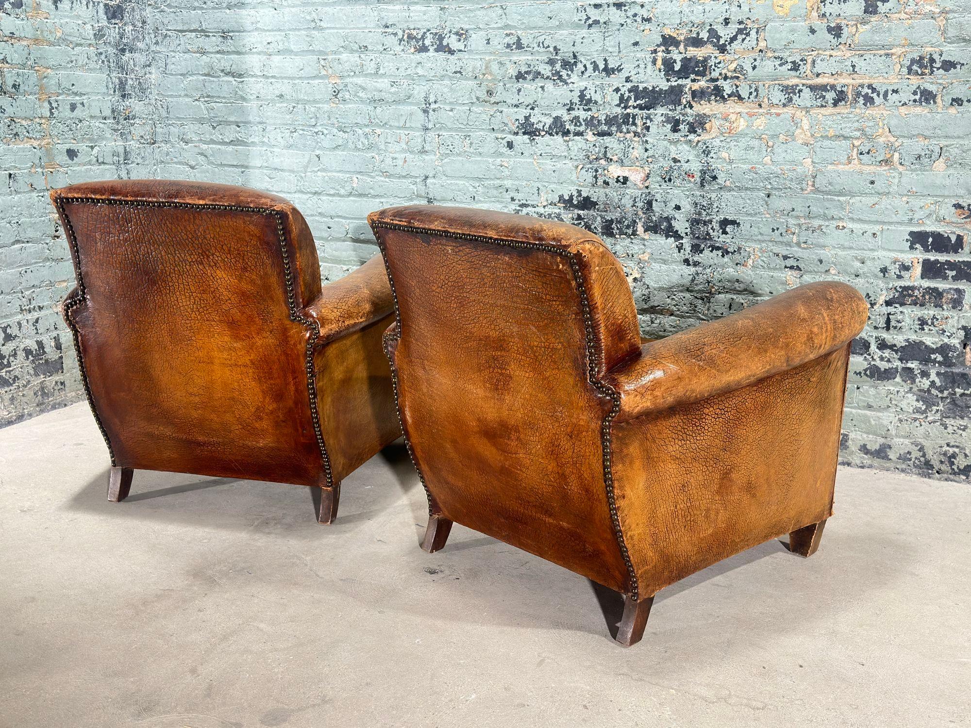 Pair French Art Deco Leather Lounge Chairs, 1930 In Good Condition In Chicago, IL