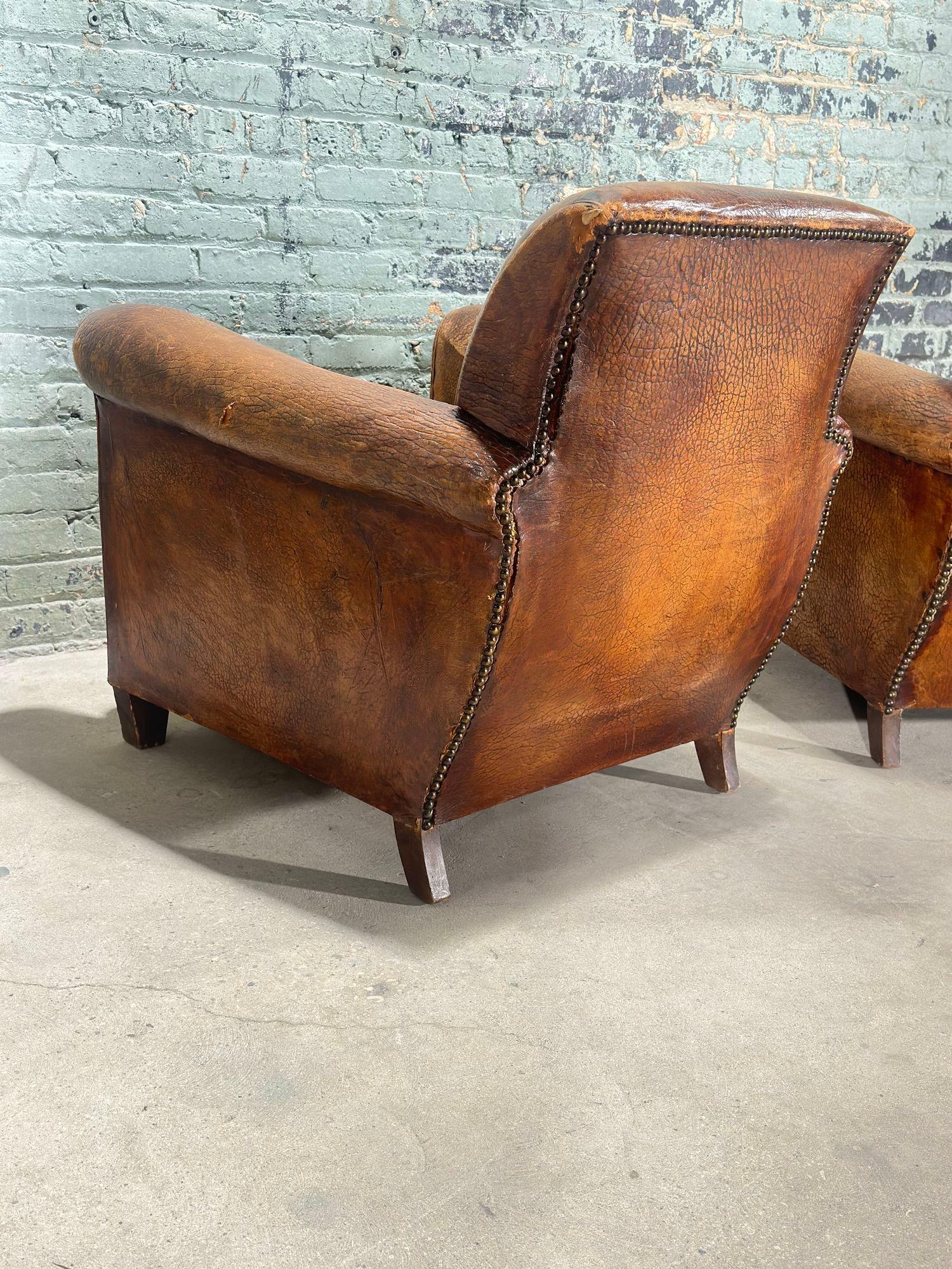 Mid-20th Century Pair French Art Deco Leather Lounge Chairs, 1930