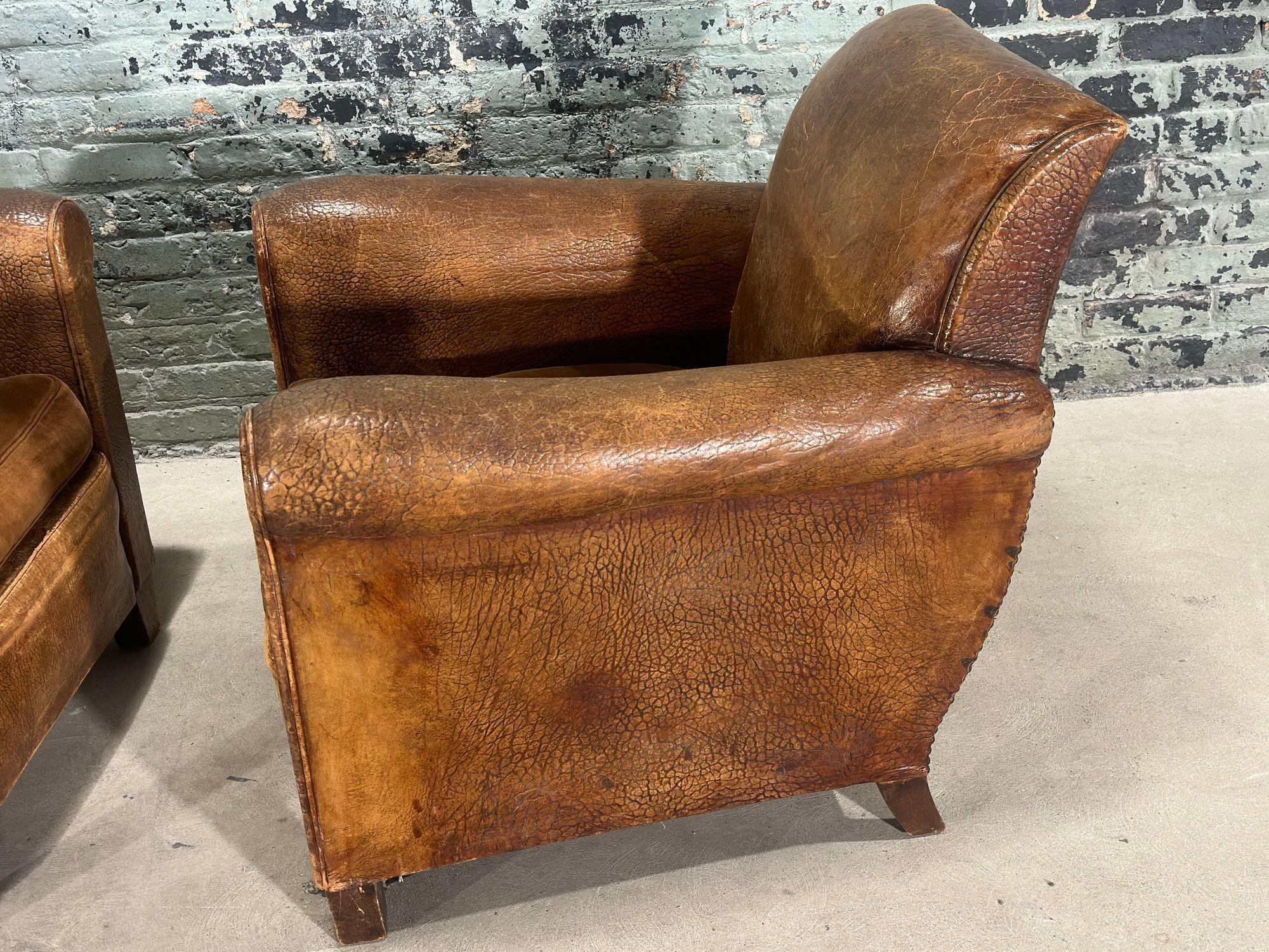 Pair French Art Deco Leather Lounge Chairs, 1930 1