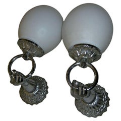 Pair French Art Deco Nickel over Bronze "Fists / Hands" Lightbearer Wall Sconces